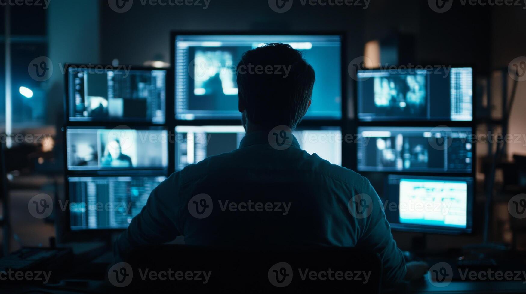 Silhouetted Figure Working at a Desk with Multiple Monitors photo