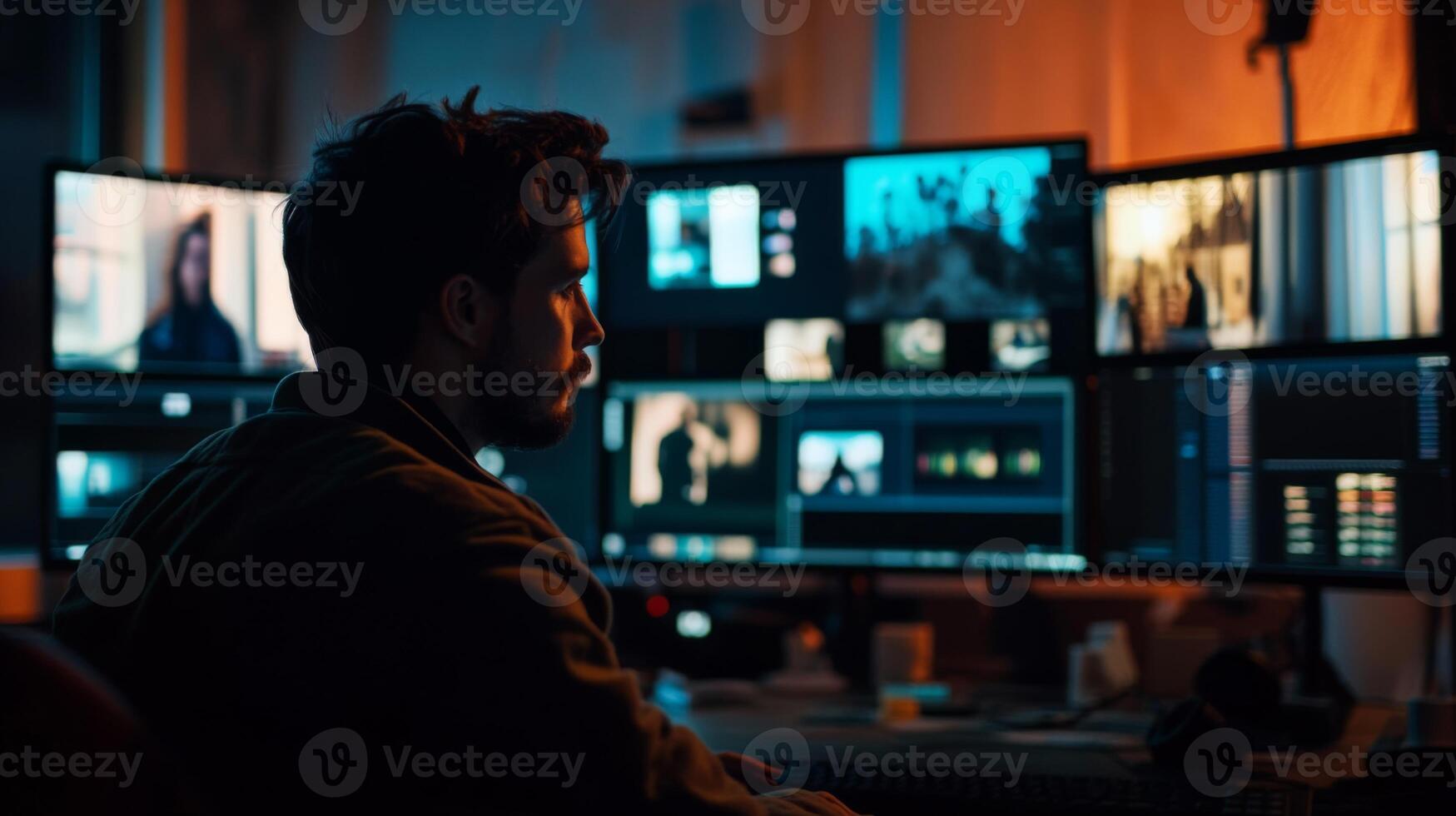 A Man Working On Multiple Computer Monitors in a Dimly Lit Room photo