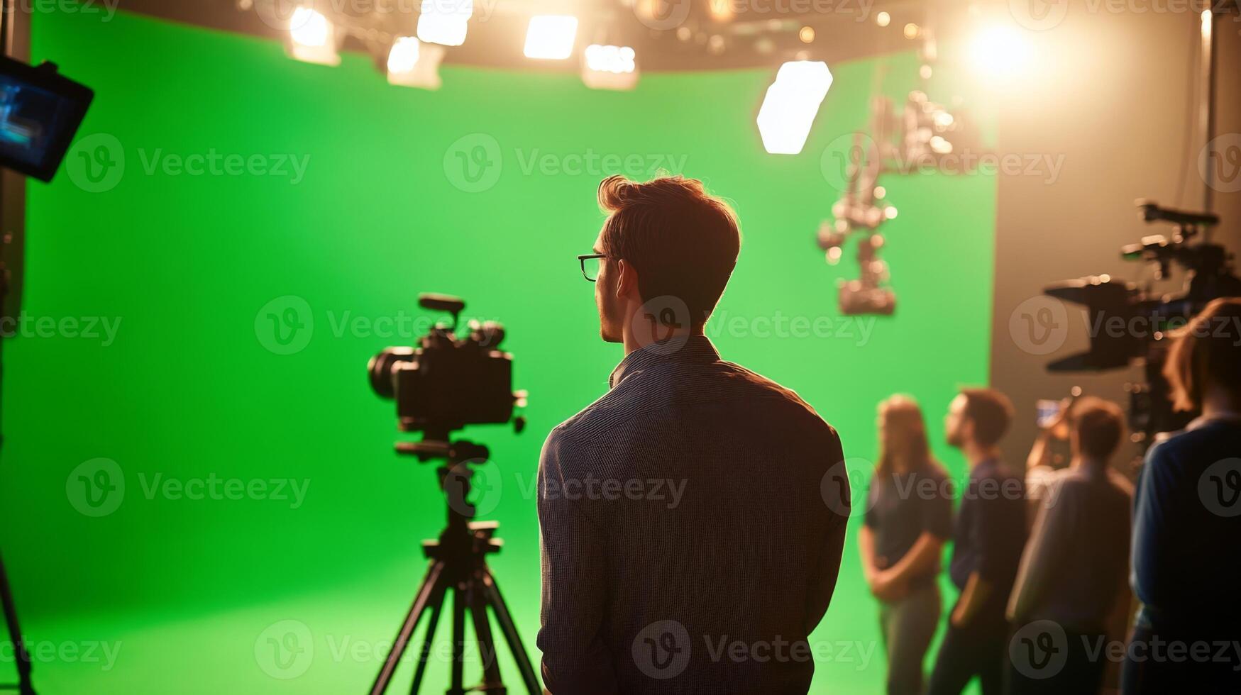 Man in Glasses Facing Green Screen with Cameras and Crew in Background photo