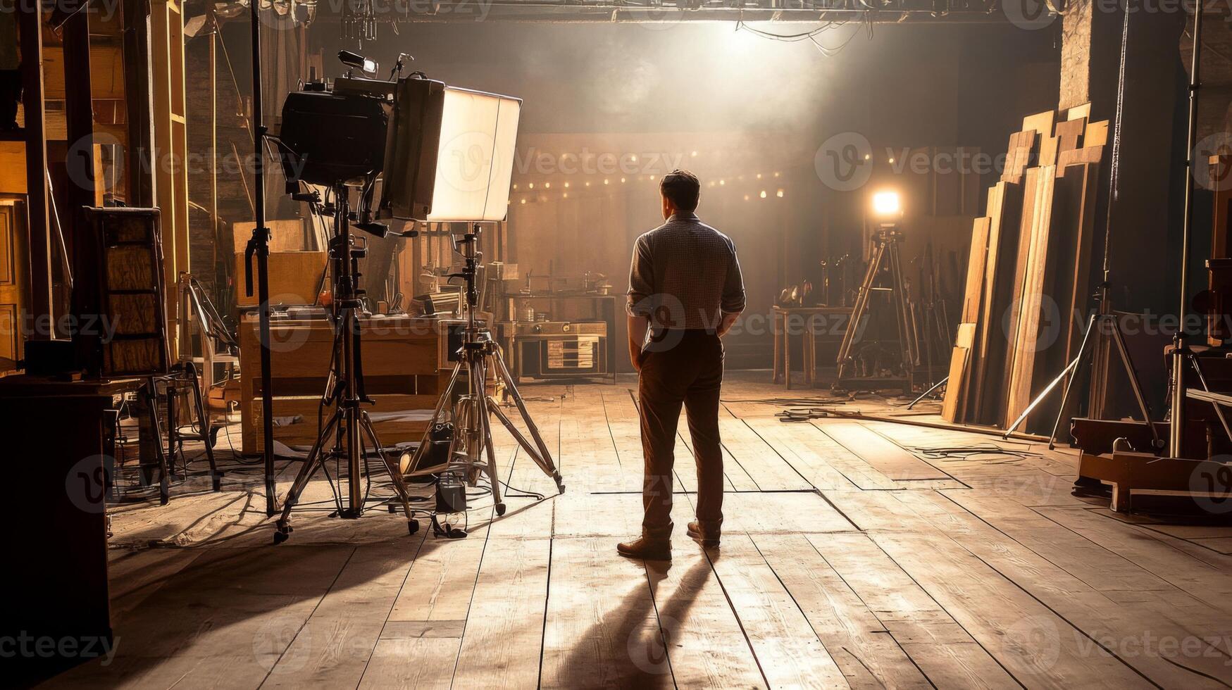 A lone man standing in a film set with equipment and lighting. photo
