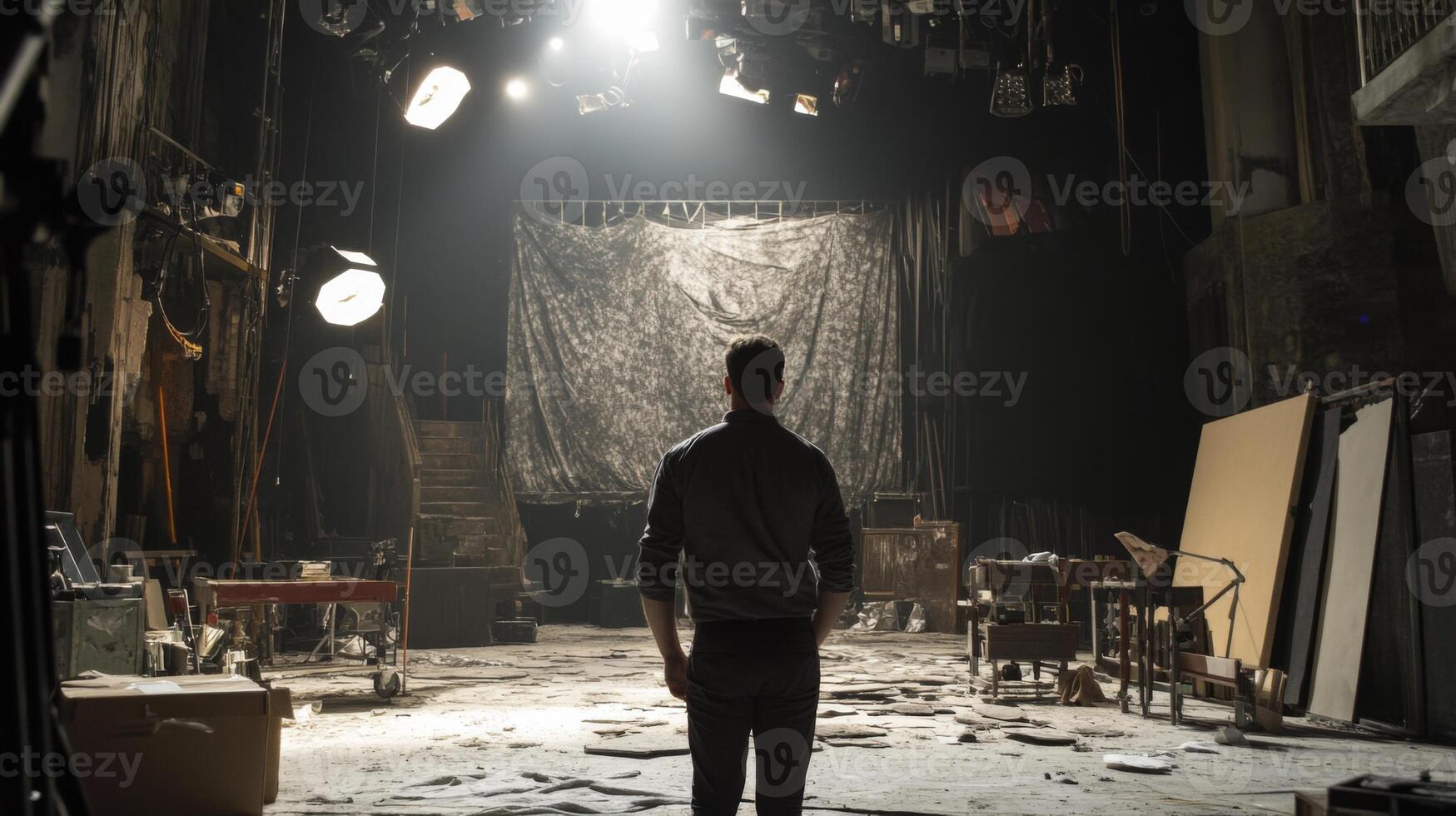 A Man Standing on a Stage with a Backdrop and Debris on the Floor photo