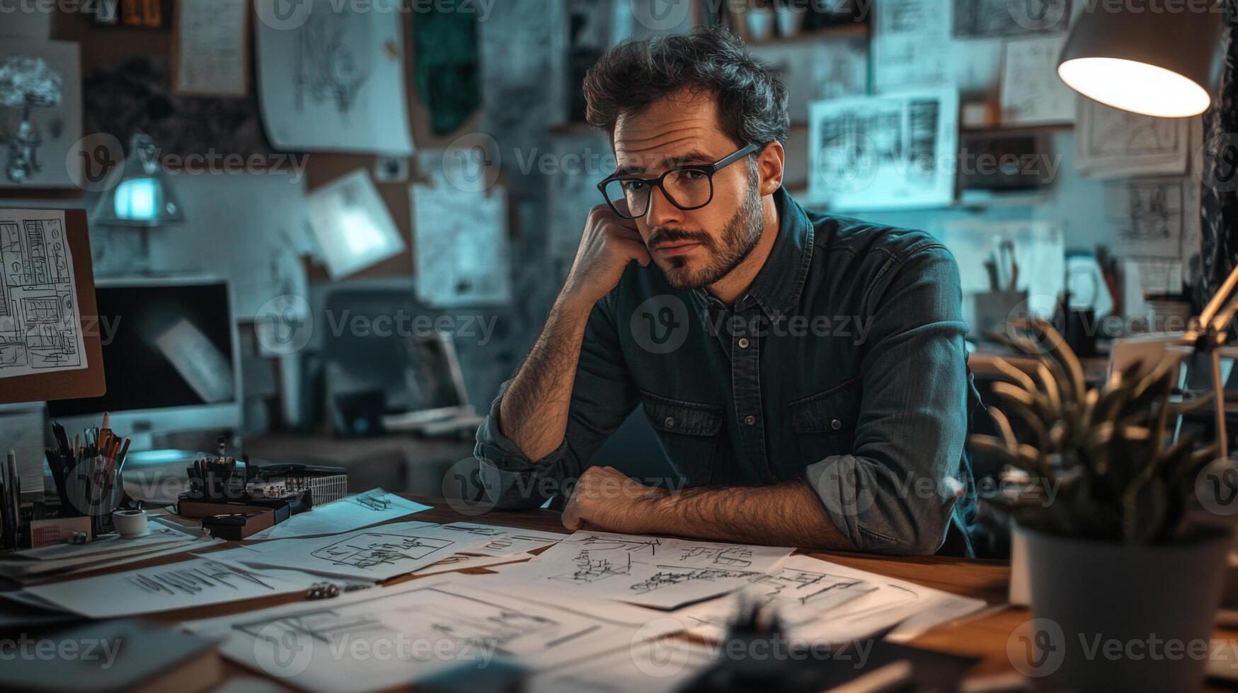 A Man in Glasses, Deep in Thought Over Sketches at His Desk photo