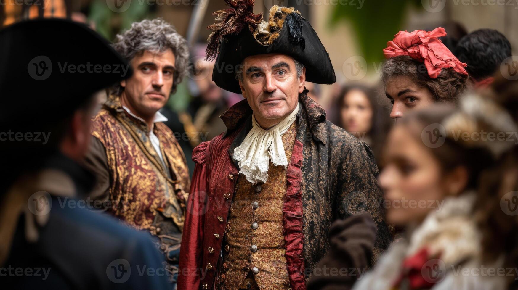 A Man in a Feathered Hat Standing Amongst a Crowd photo