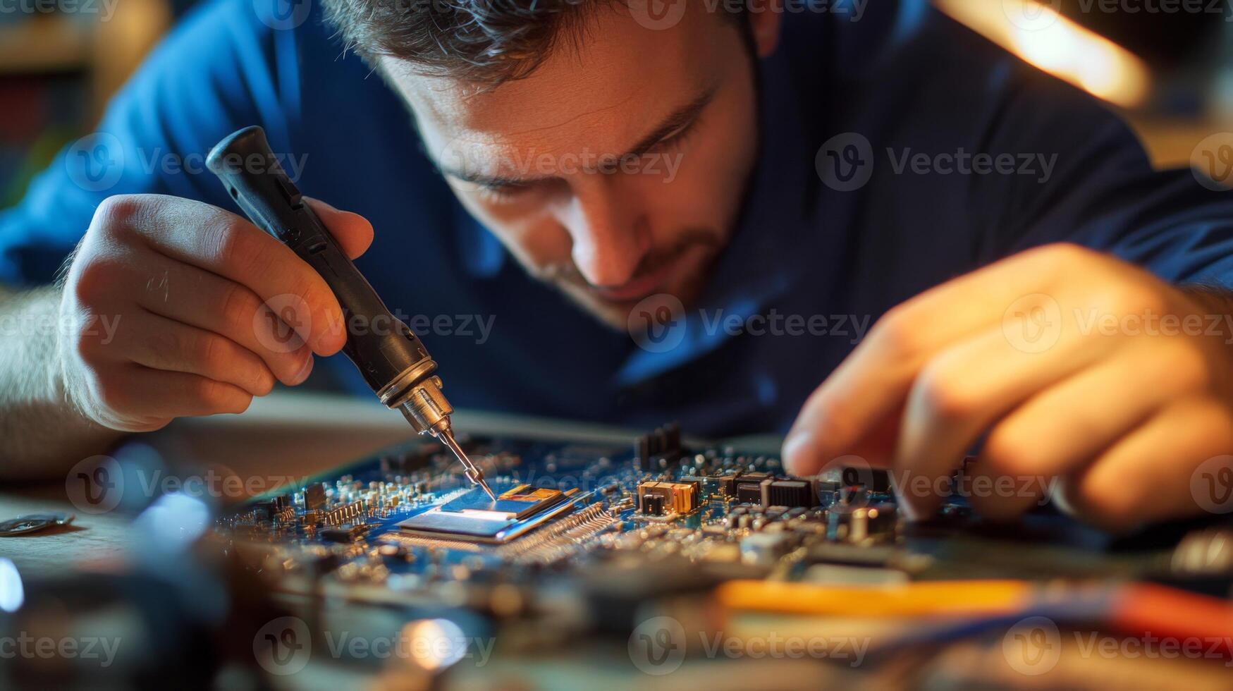 Technician Soldering a Circuit Board with a Soldering Iron photo