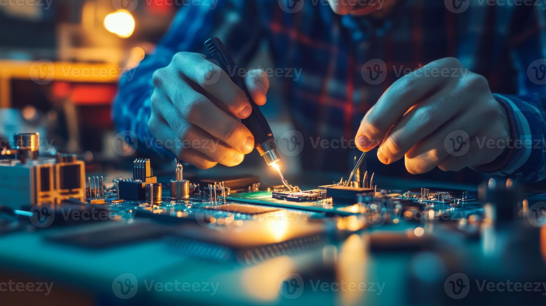 Close-up of a person soldering electronic components on a circuit board photo
