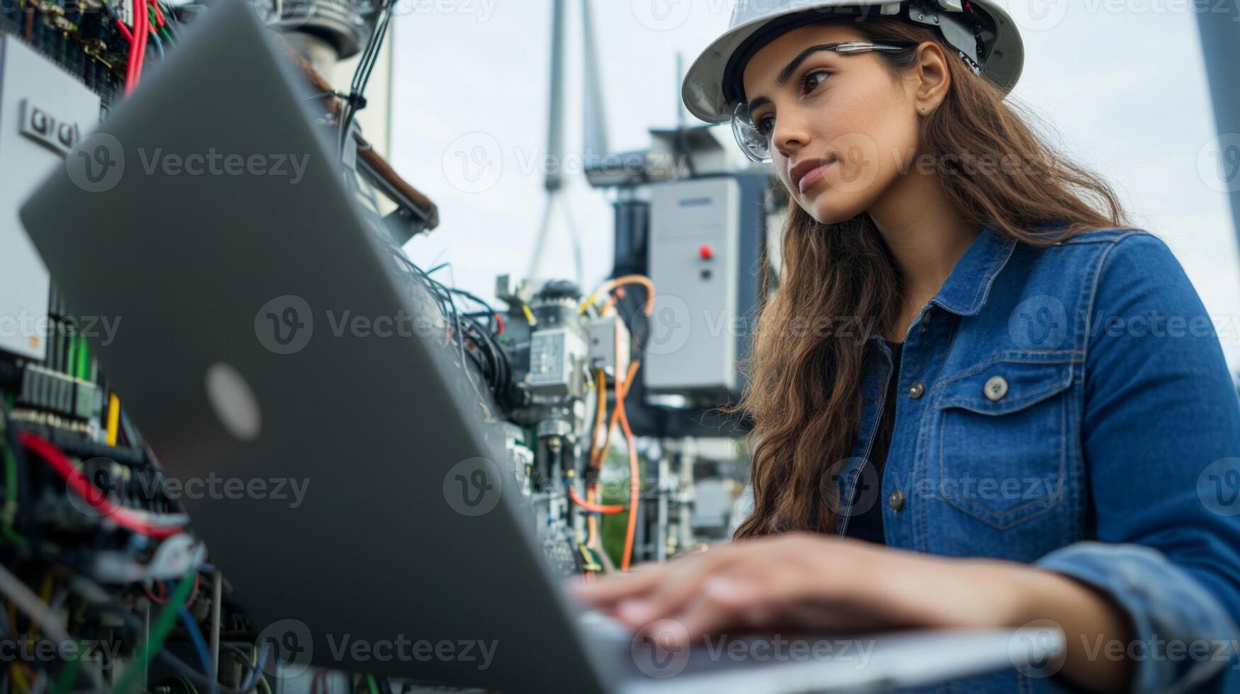 Woman in Hardhat Using Laptop While Inspecting Complex Electrical System photo