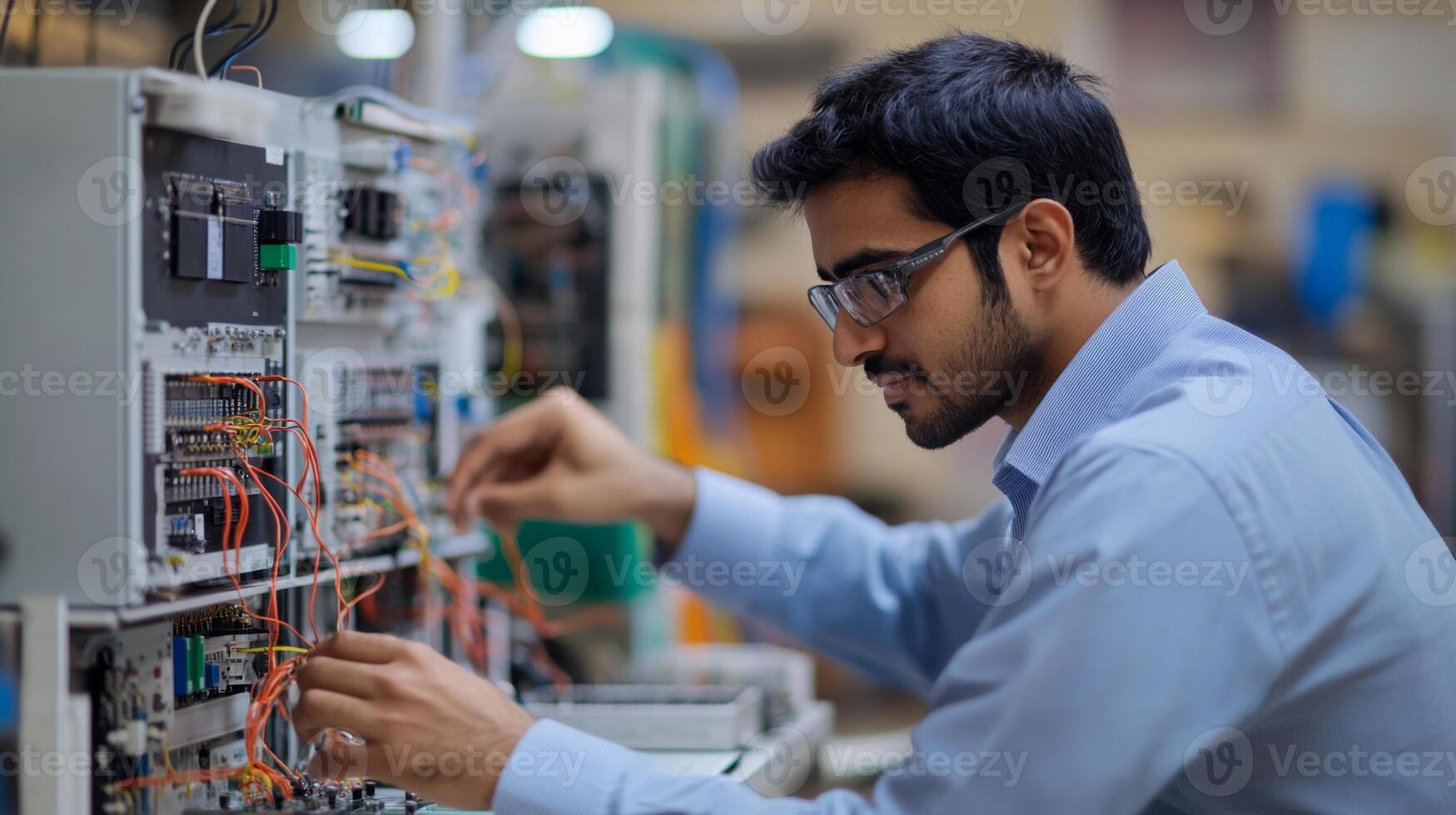 Young Man in a Blue Shirt Working on Electronics photo