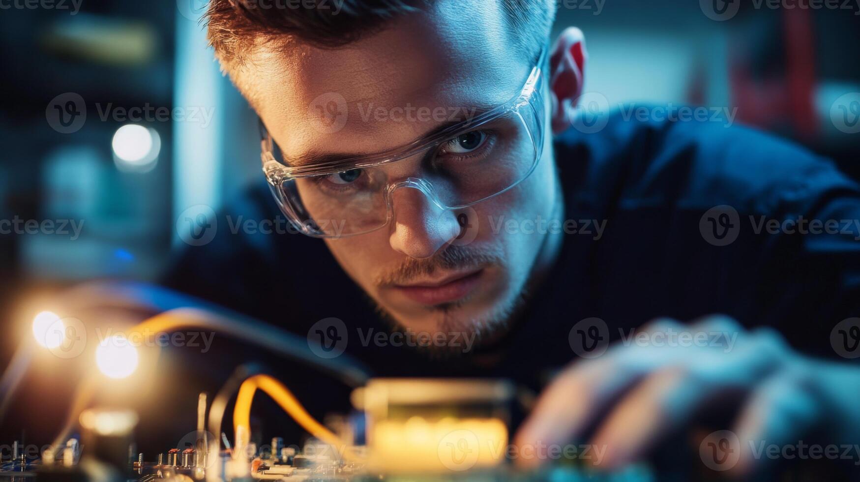 A Close-Up of a Technician Wearing Safety Glasses and Working on a Circuit Board photo