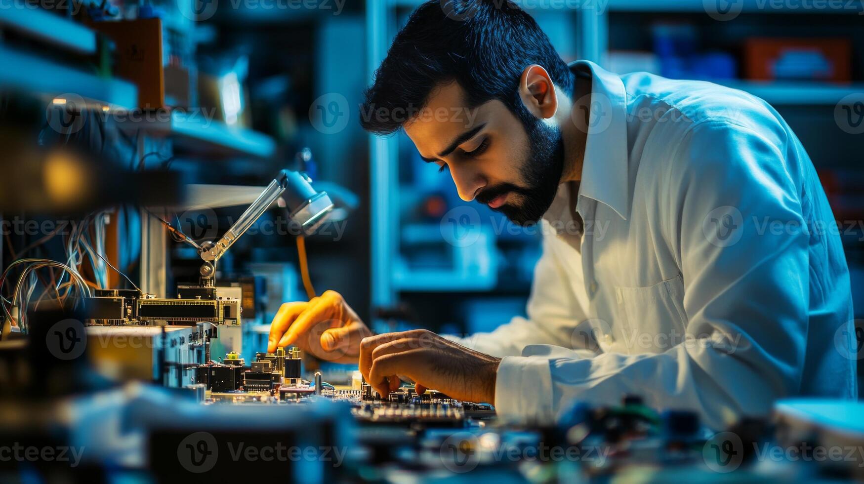 A Man Working on Electronics in a Workshop photo