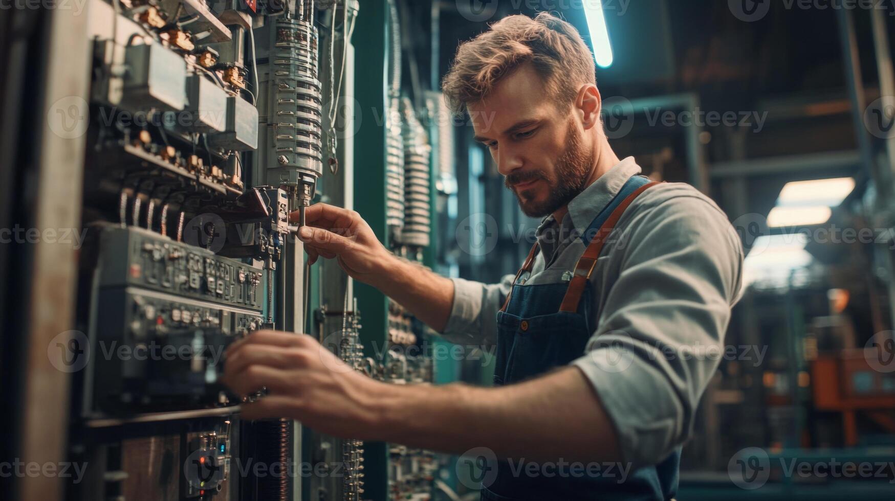 A young man in a blue jumpsuit working on electrical machinery. photo