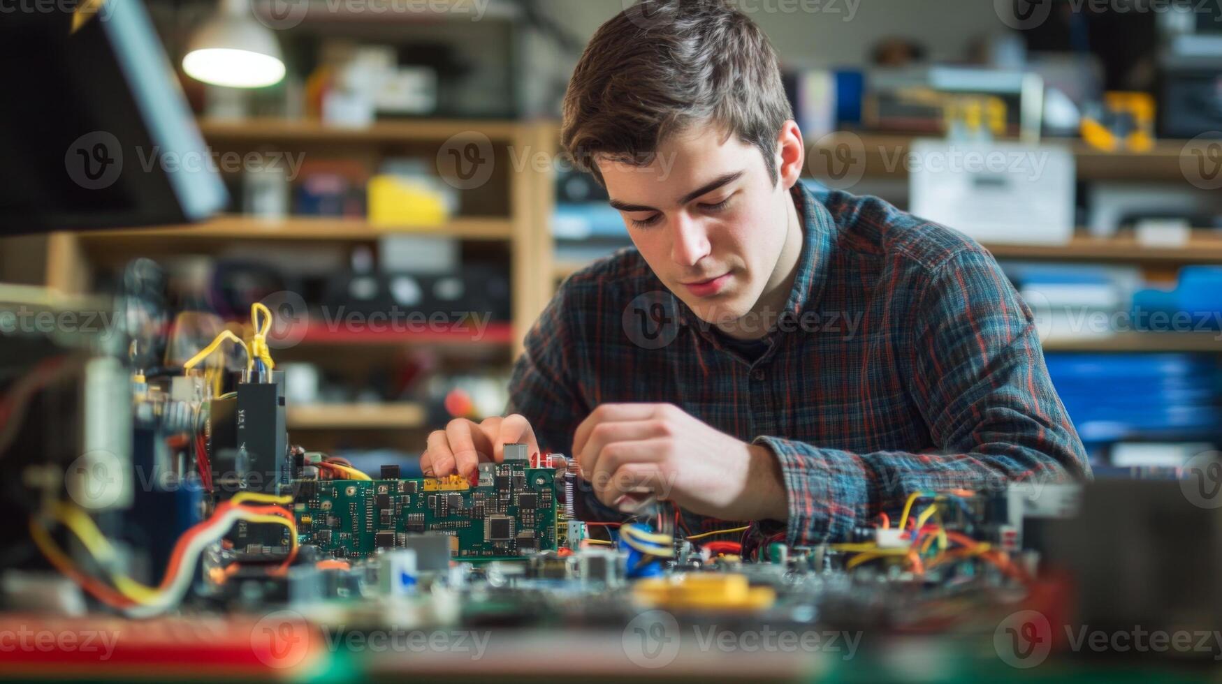 Young Man Working on Electronics Circuit Board photo