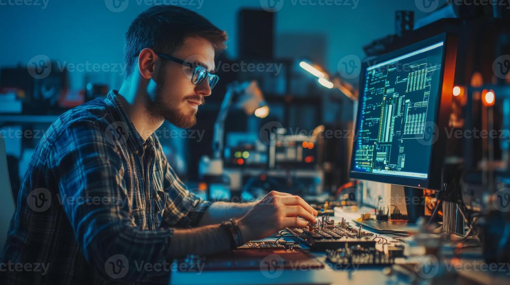 A Young Man Works On a Computer Circuit Board photo