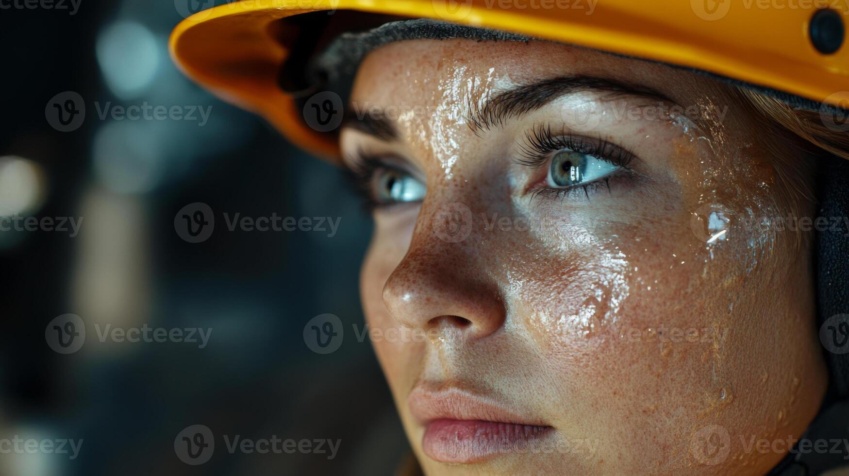 Close-up of a Woman's Face Covered in Sweat and Wearing a Yellow Hard Hat photo