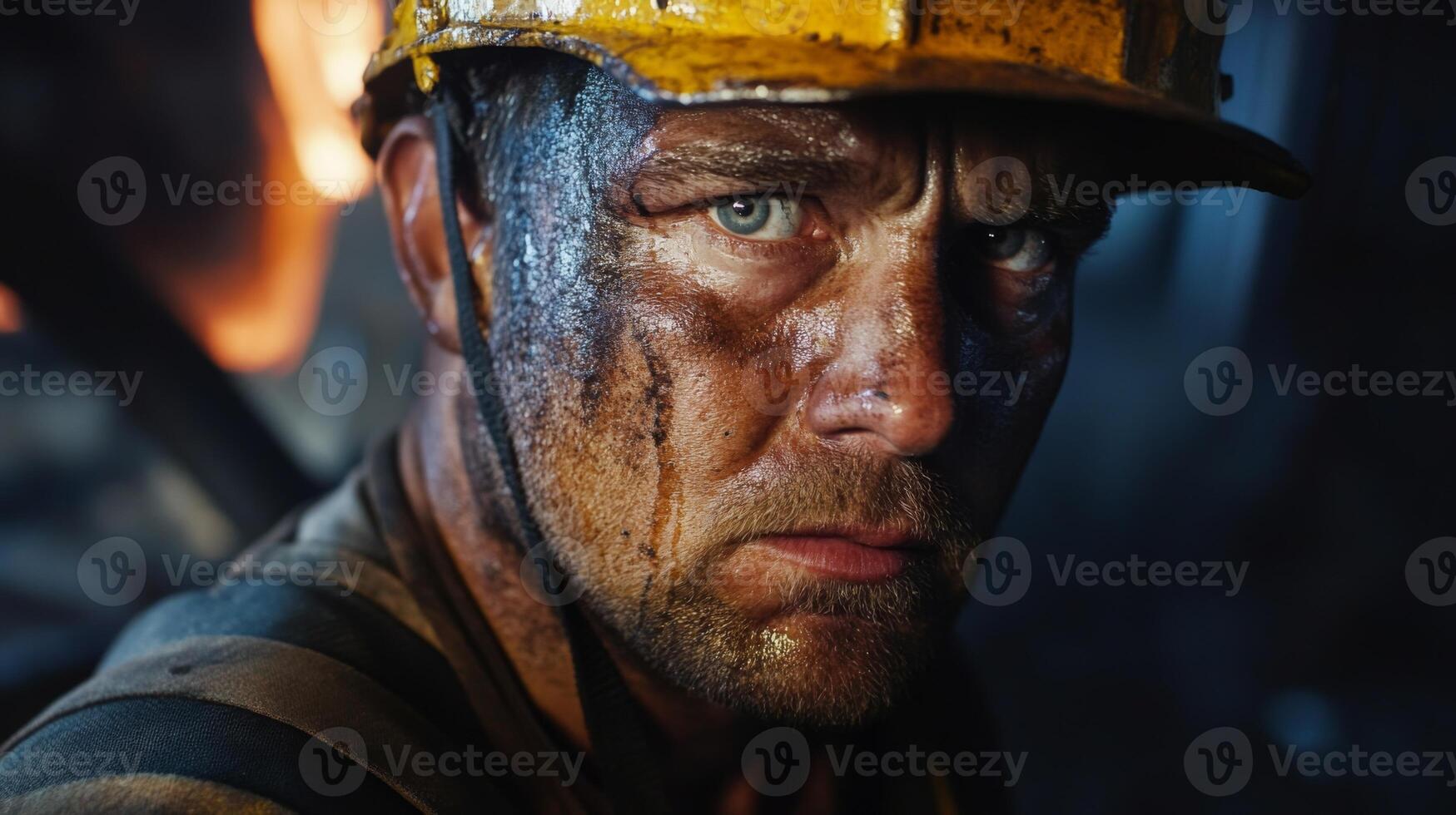 Close-up portrait of a man with a dirty face and a yellow hard hat photo