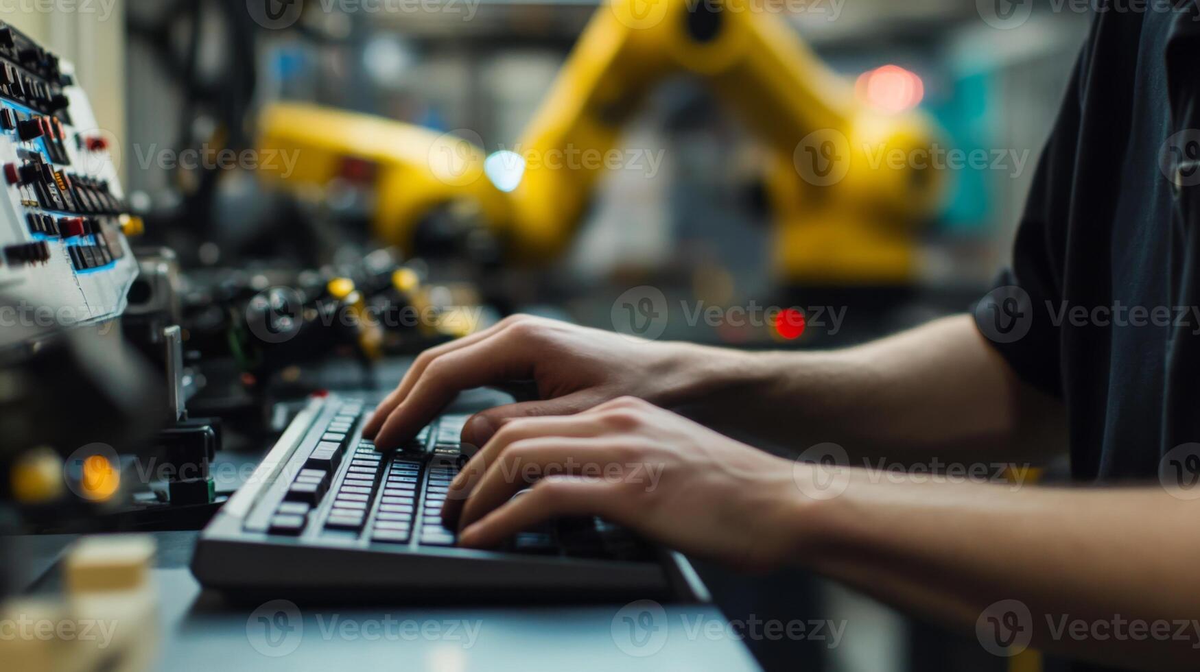 Person's Hands Typing on a Keyboard with Blurred Industrial Background photo