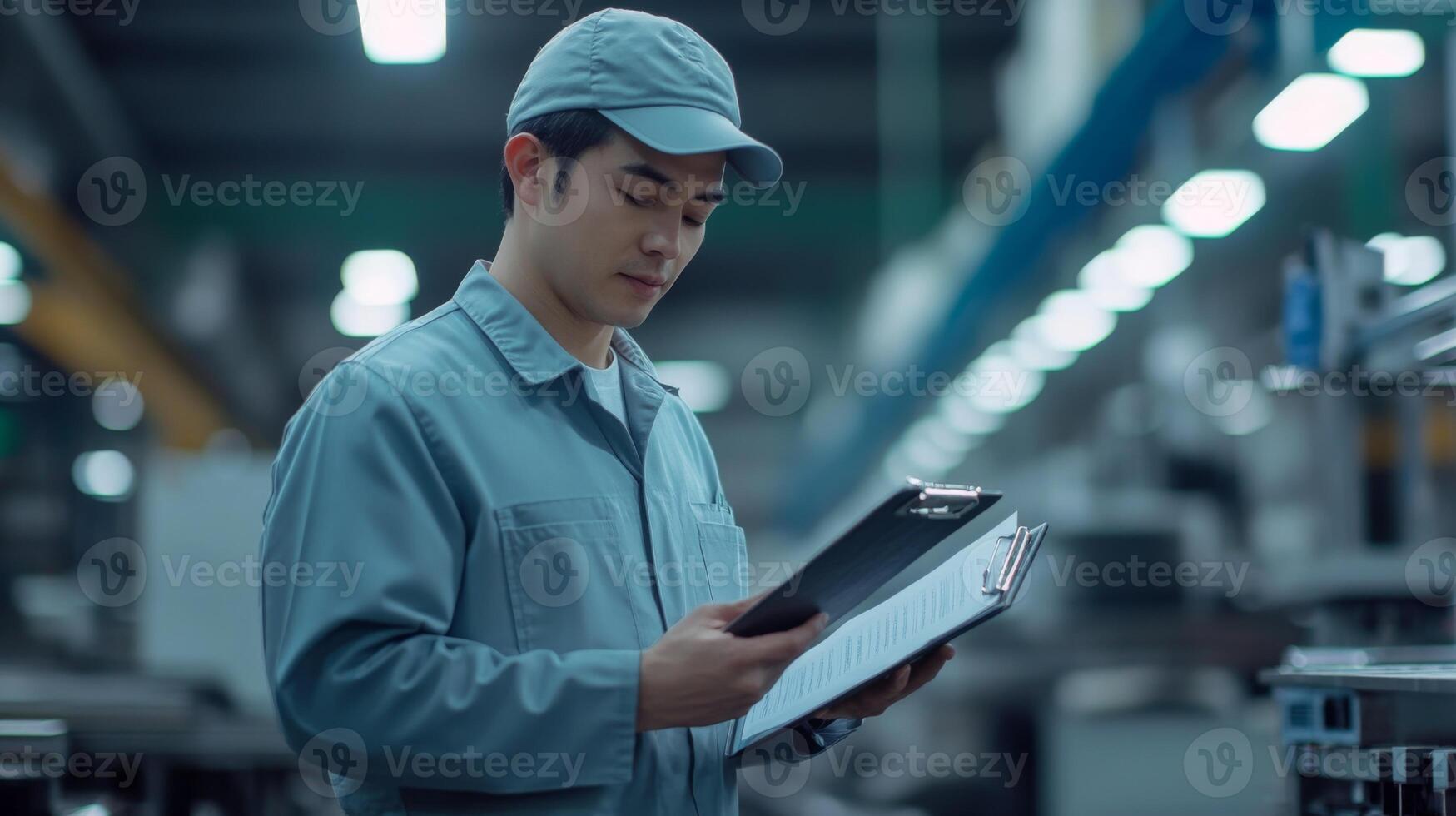 A man in a blue uniform checks a clipboard in a factory setting. photo