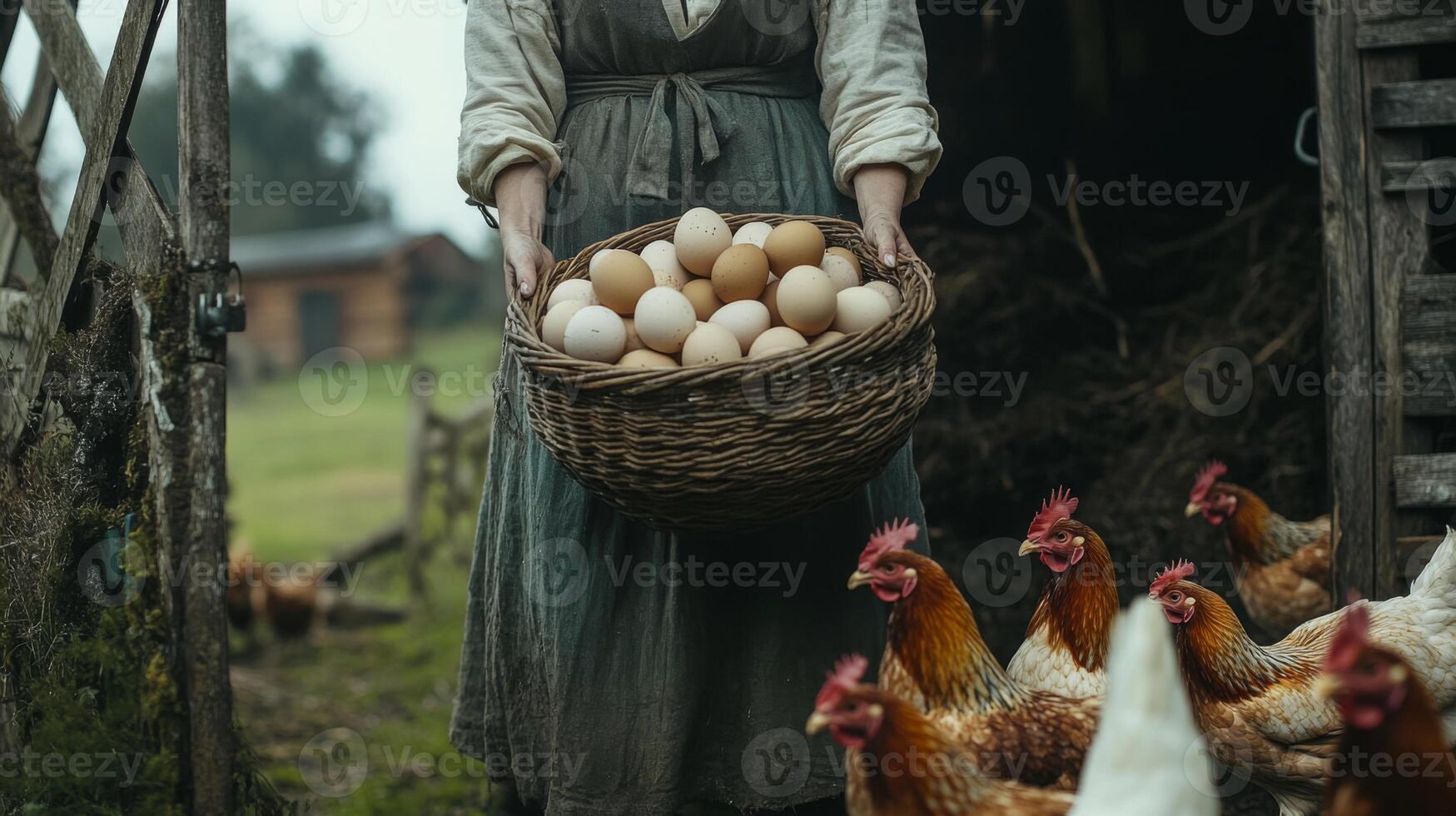 Woman in Rustic Attire Carrying a Basket of Eggs with Chickens in the Background photo