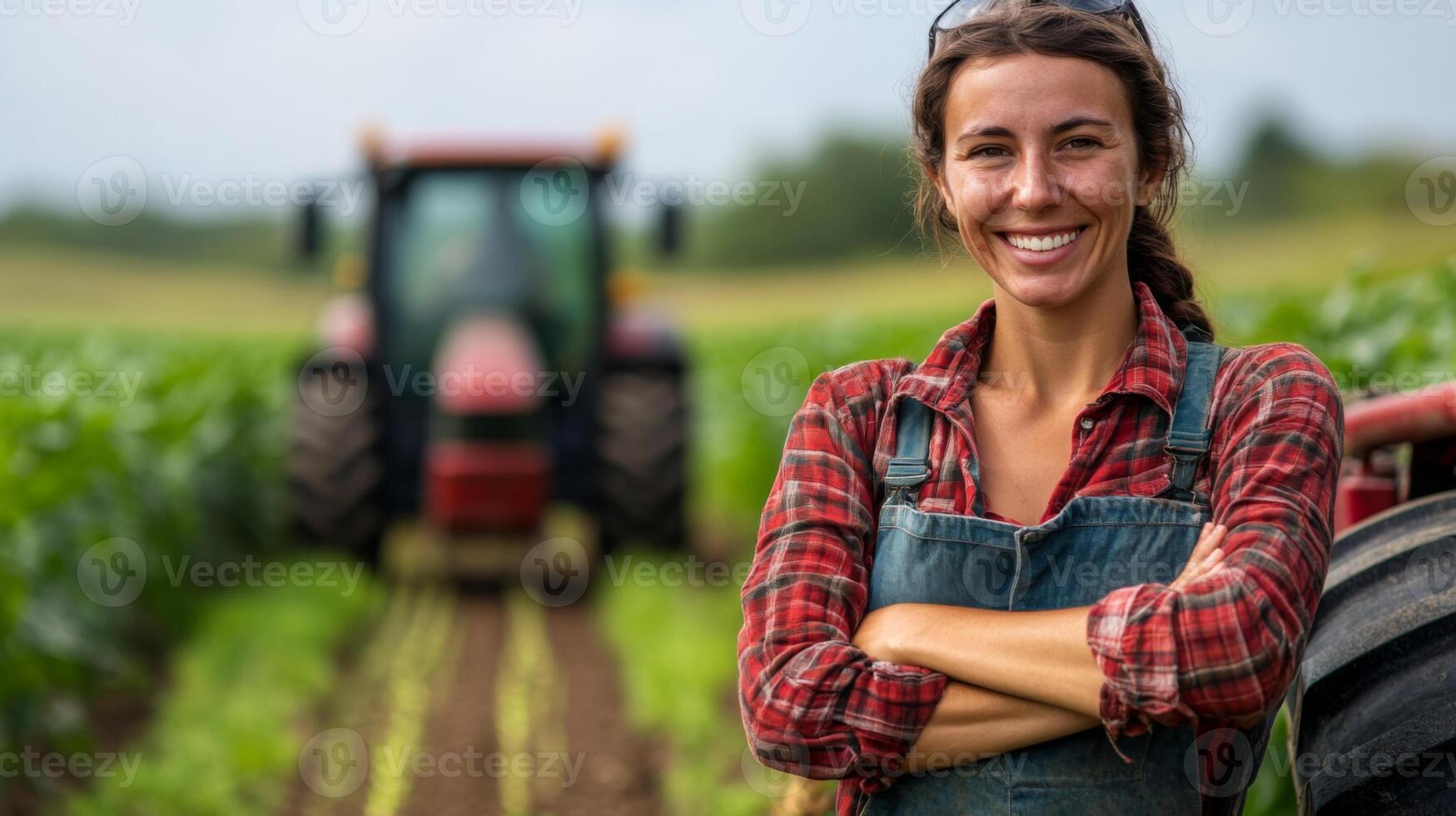 A Confident Female Farmer Standing in a Field with a Tractor in the Background photo
