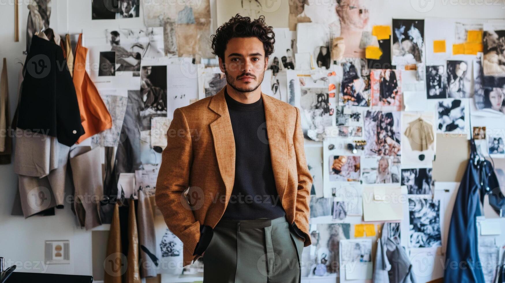 A Man in a Brown Blazer Standing in Front of a Wall Covered in Sketches and Fabric Swatches photo