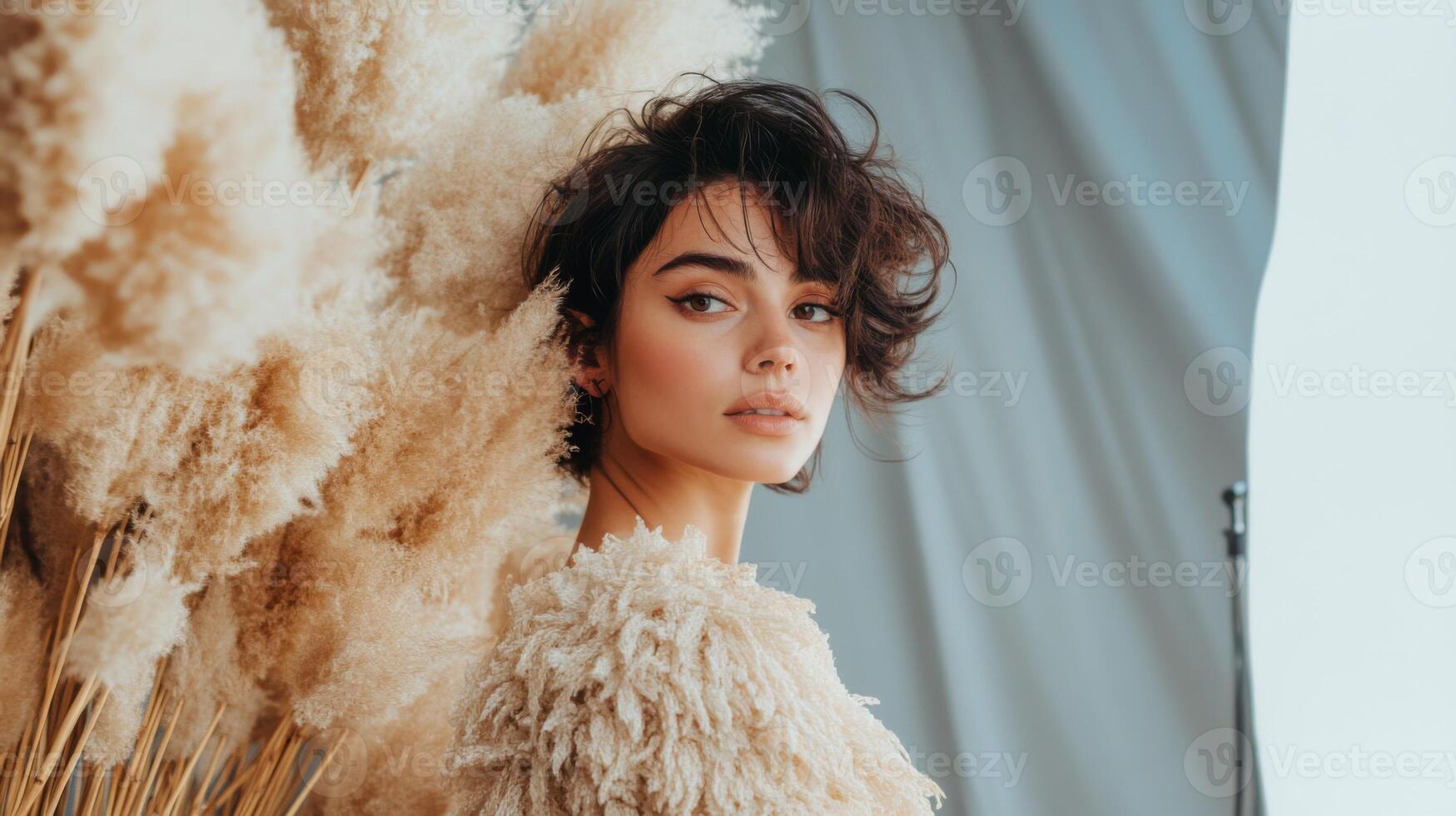 Portrait of a Young Woman with Brown Hair, Wearing a Fluffy Cream-Colored Coat, Posing Next to Tall Fluffy Grass photo