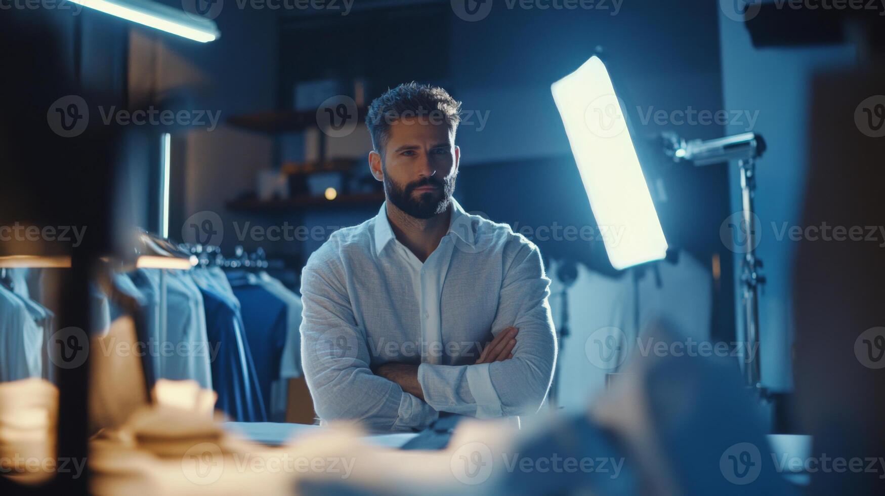 A Man in a White Shirt Sitting with Crossed Arms in a Studio Setting photo