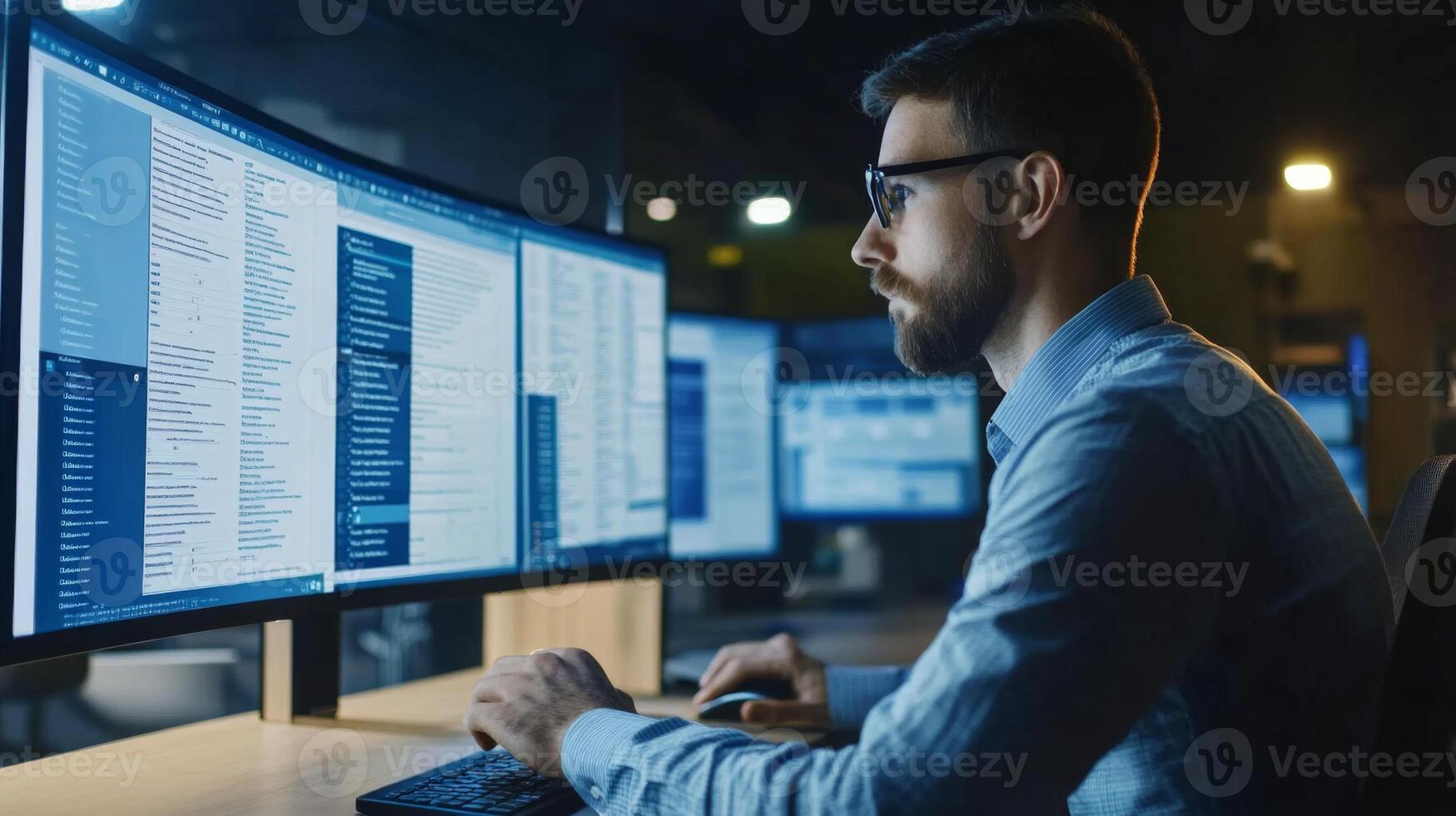 Man working late at night with multiple computer monitors displaying code photo