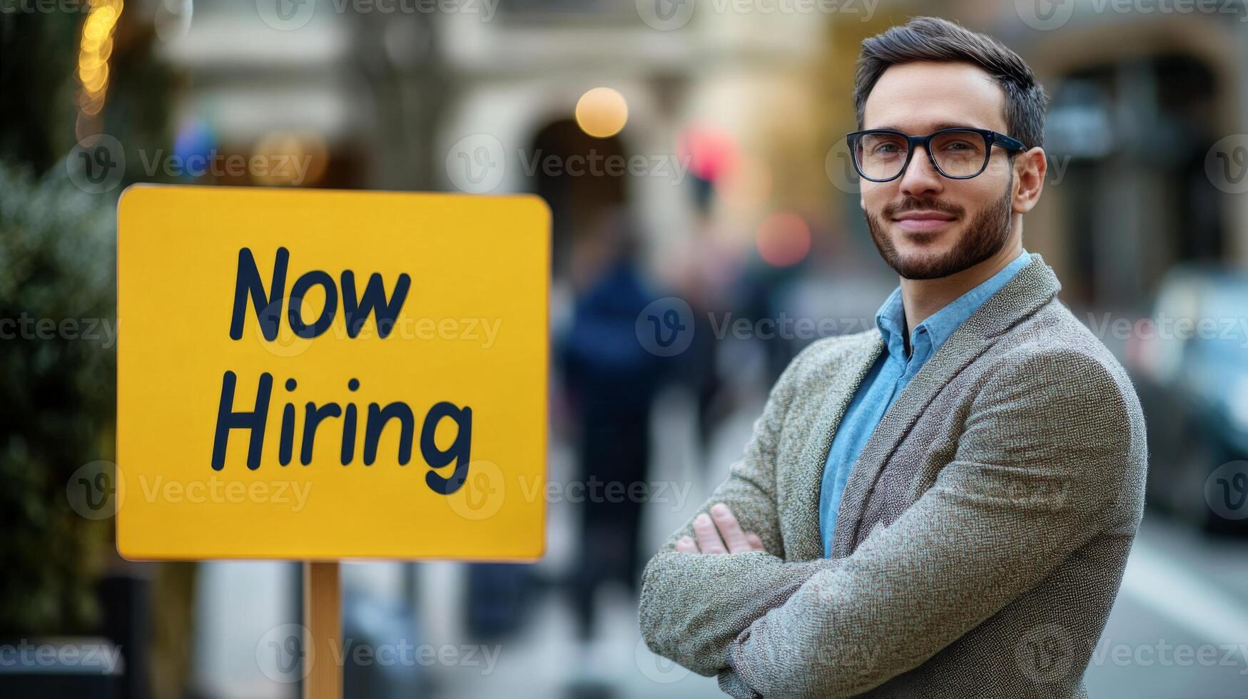 Confident Man Standing In Front of a Now Hiring Sign photo
