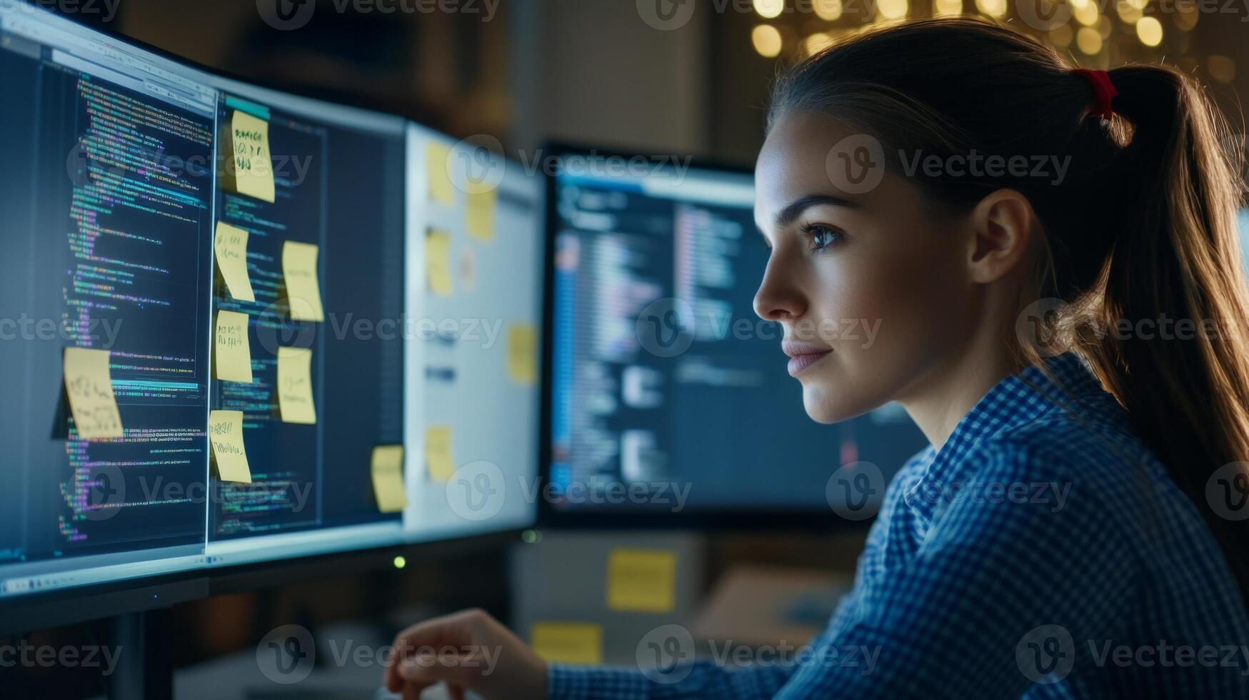Woman Focused on Computer Code with Yellow Sticky Notes photo