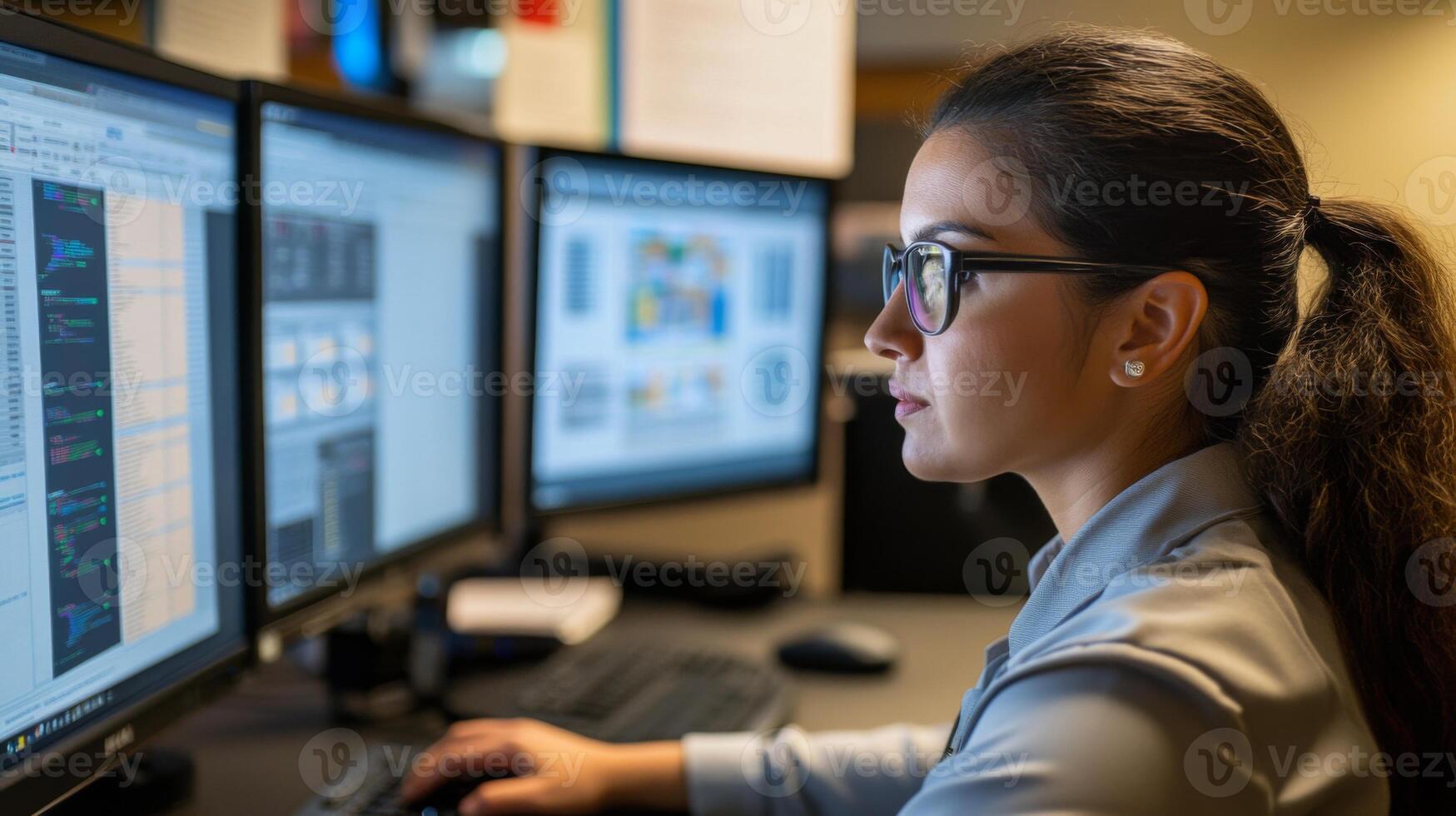 Woman in Glasses Working on a Computer with Multiple Screens photo
