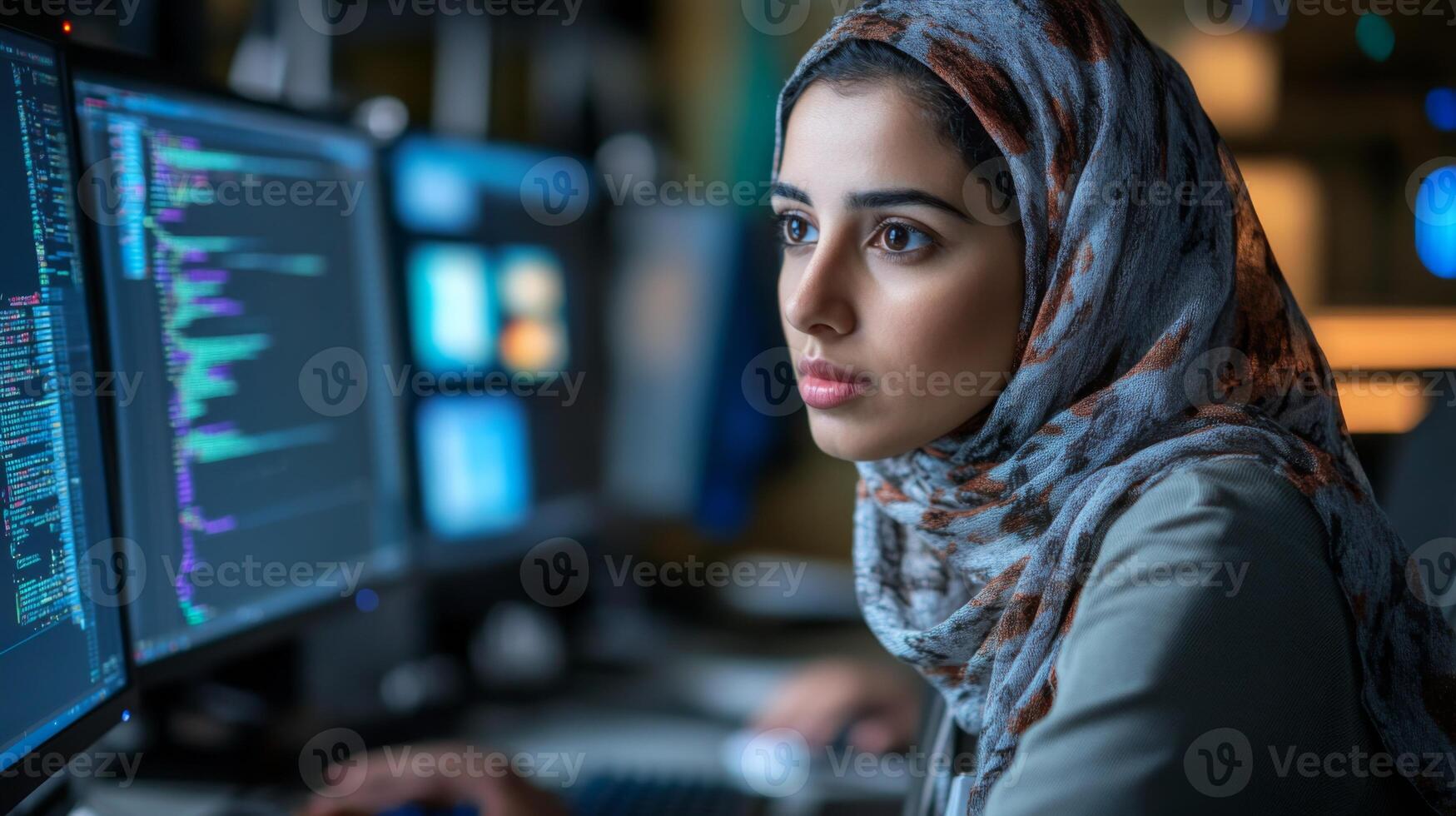 Woman in a Hijab Looking at a Computer Screen Filled with Code photo