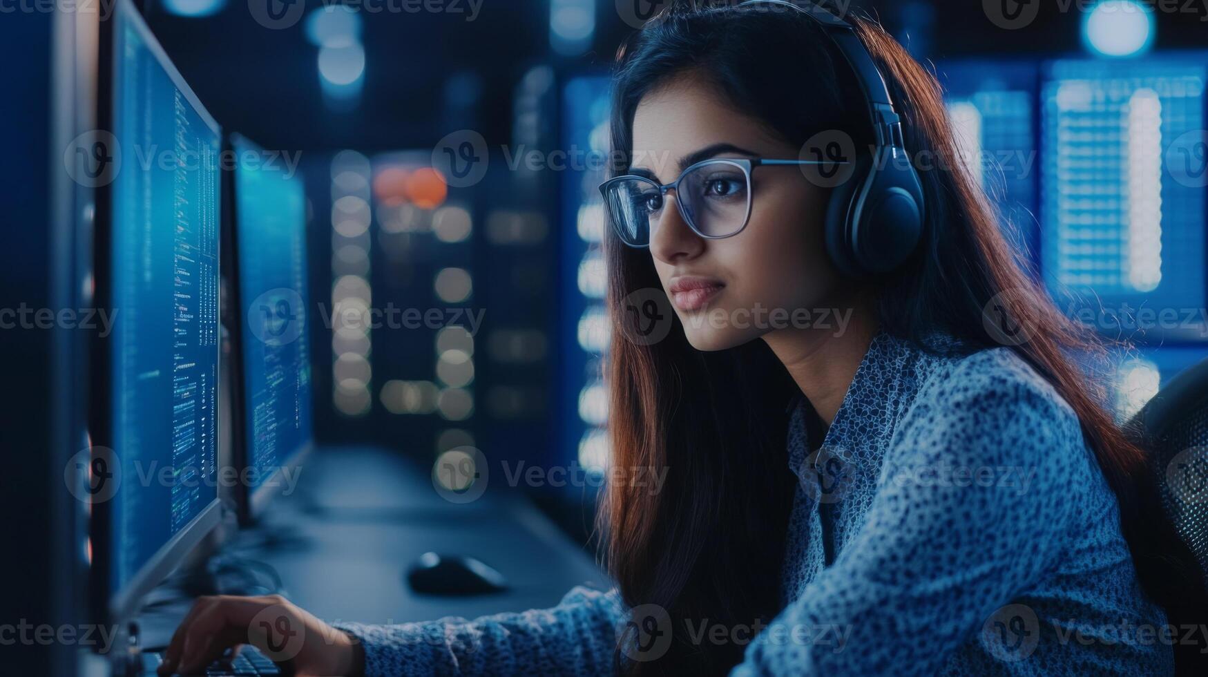 Woman in Glasses and Headphones Working on a Computer with Code on Screen photo