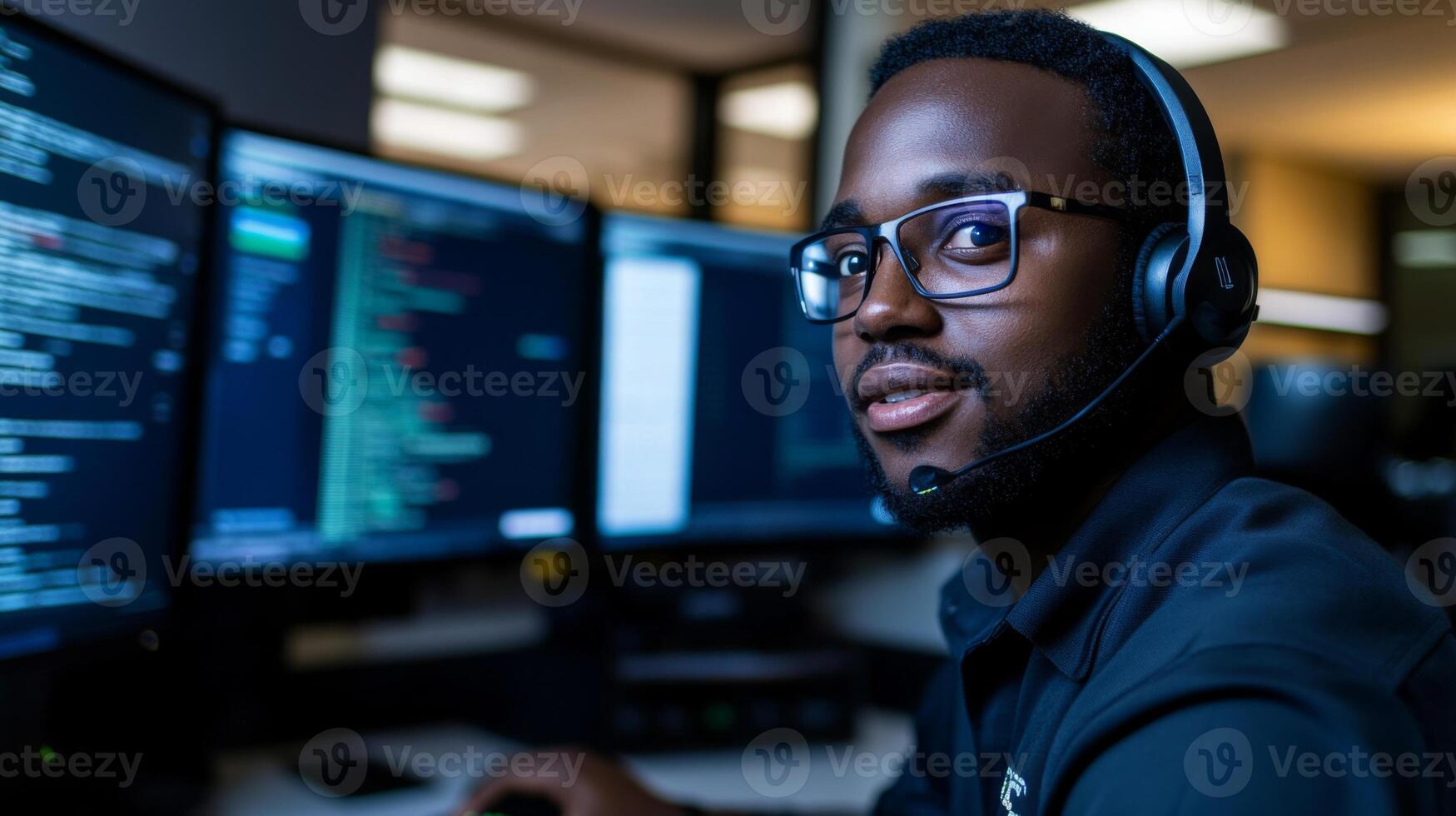 A Black Man Wearing Glasses and a Headset in Front of Computer Screens photo