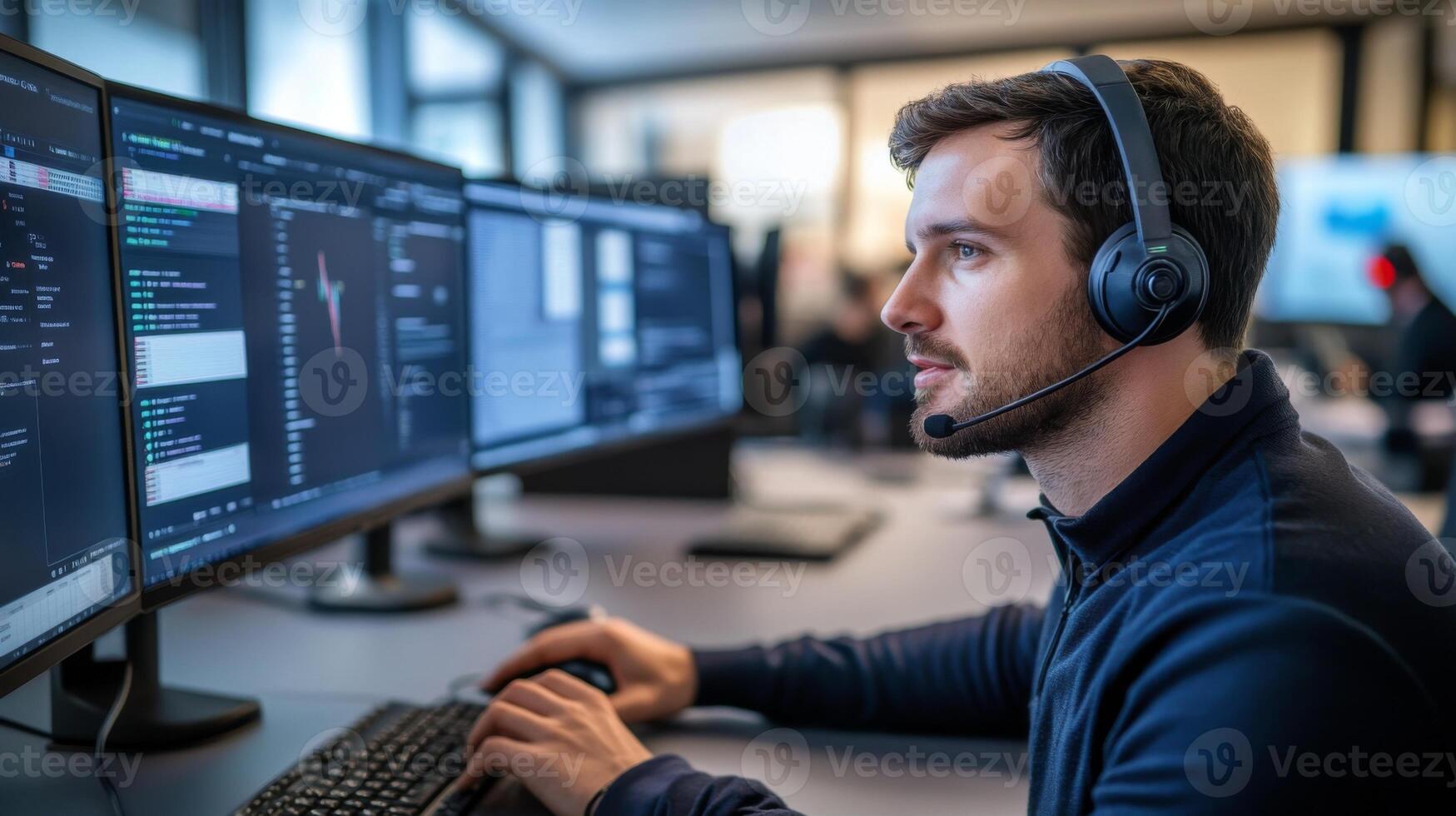 Man with Headphones Working on a Computer with Multiple Monitors photo