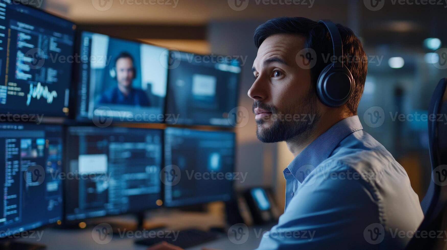 A man in headphones working on a computer with multiple screens photo