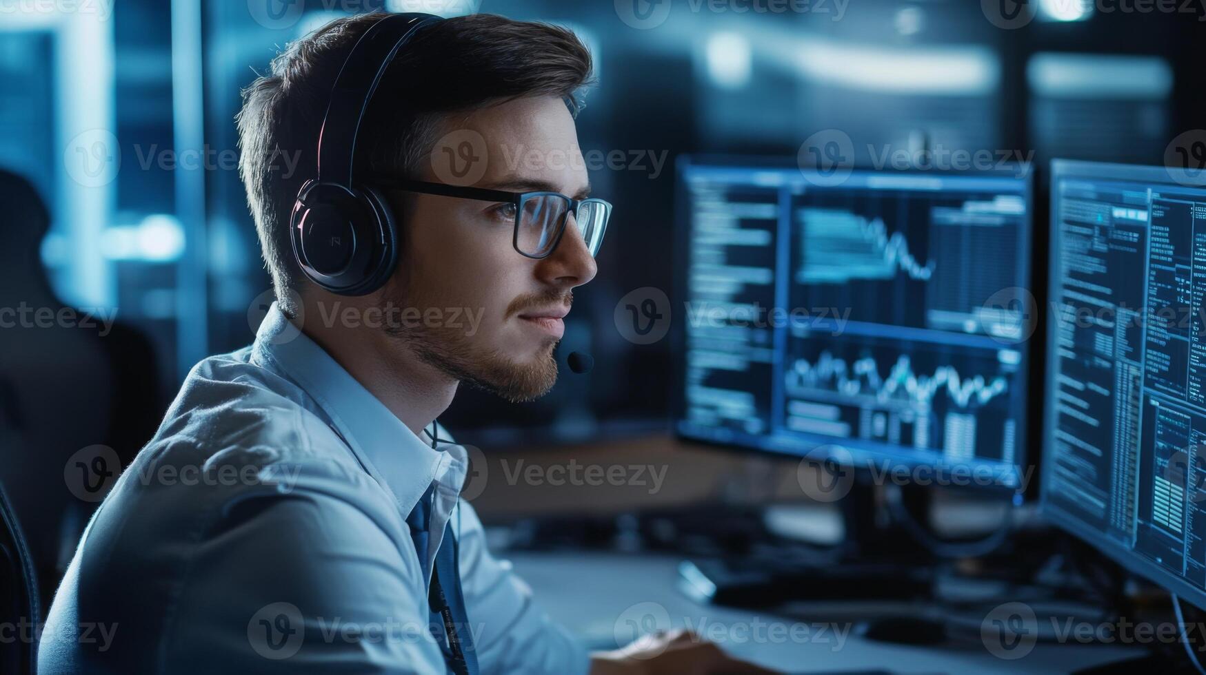 A man wearing a headset sits at a desk in front of multiple computer monitors, focusing on the data displayed. photo