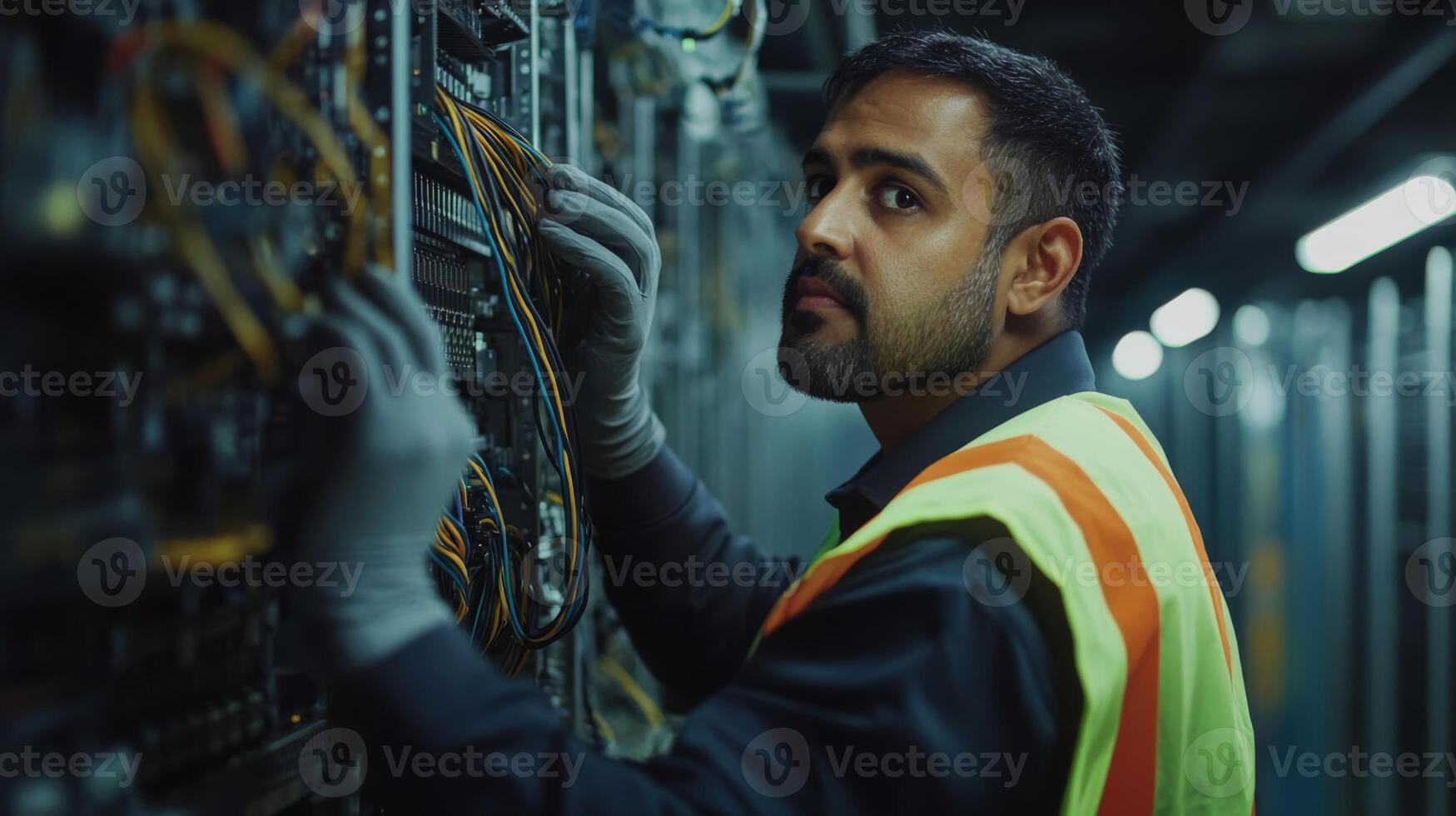 Technician in a Data Center Working on Server Racks photo