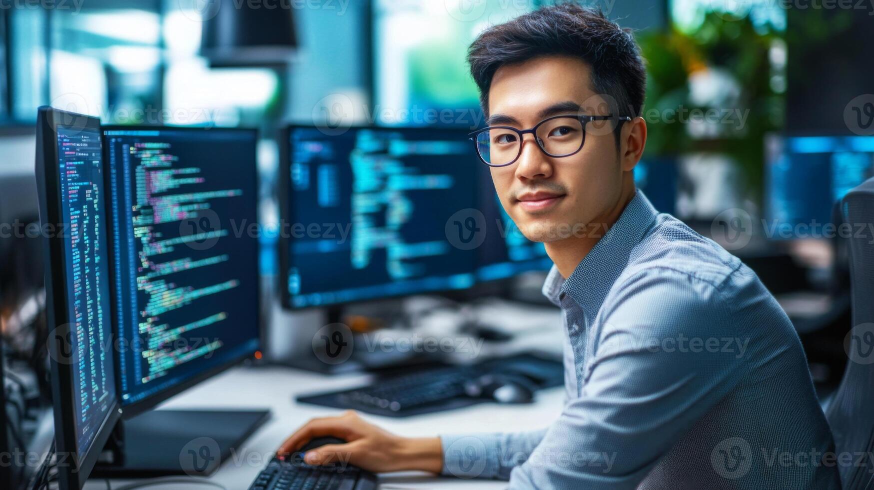 A Programmer Working on Code at a Computer Desk photo