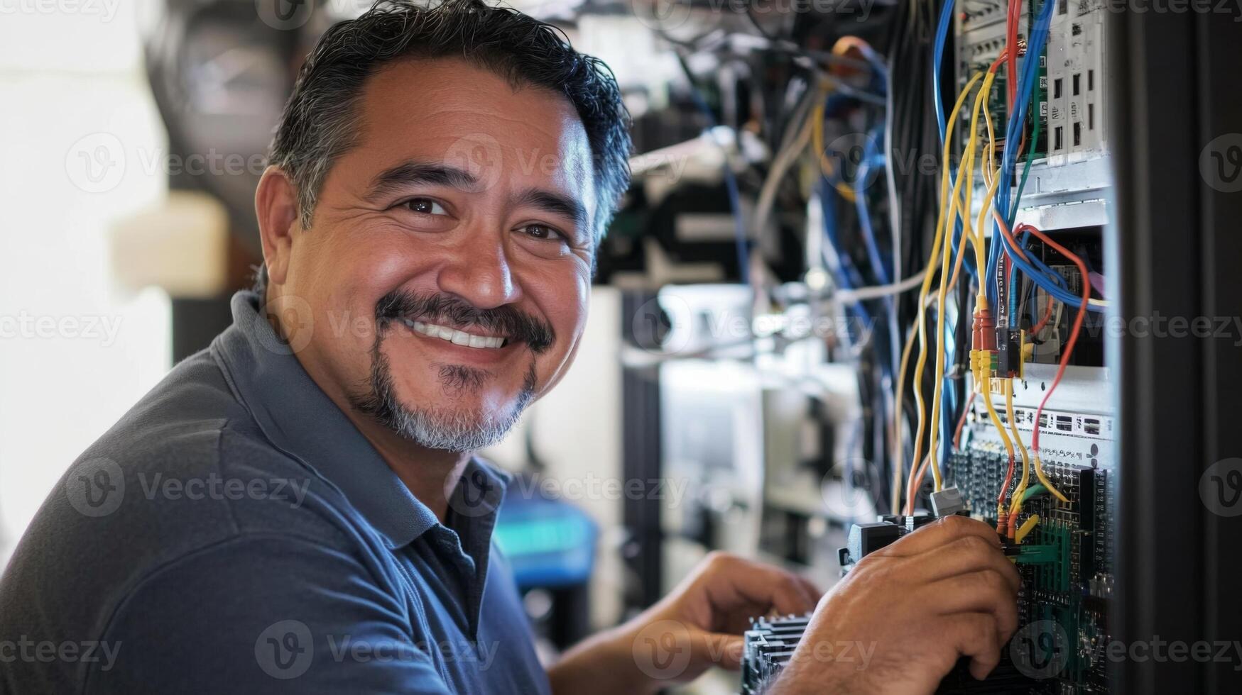 A Smiling Man Works on Complex Electronics with Wires photo