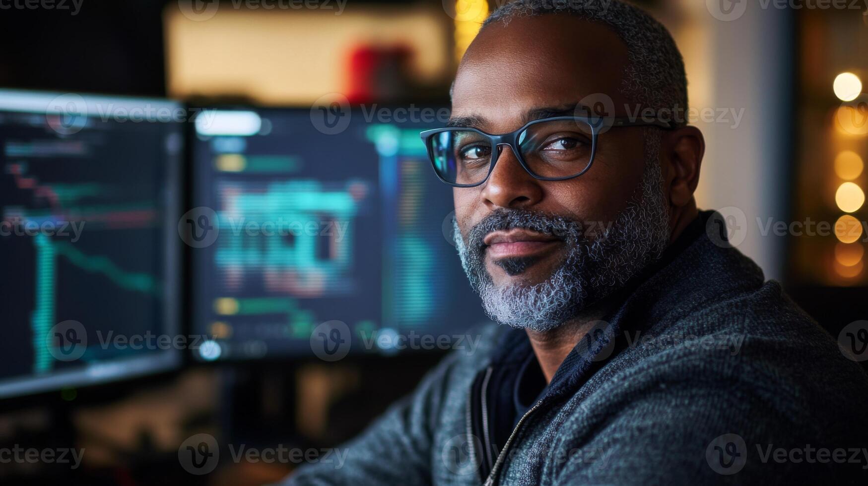 A Focused Man with Glasses Looking at a Computer Screen photo