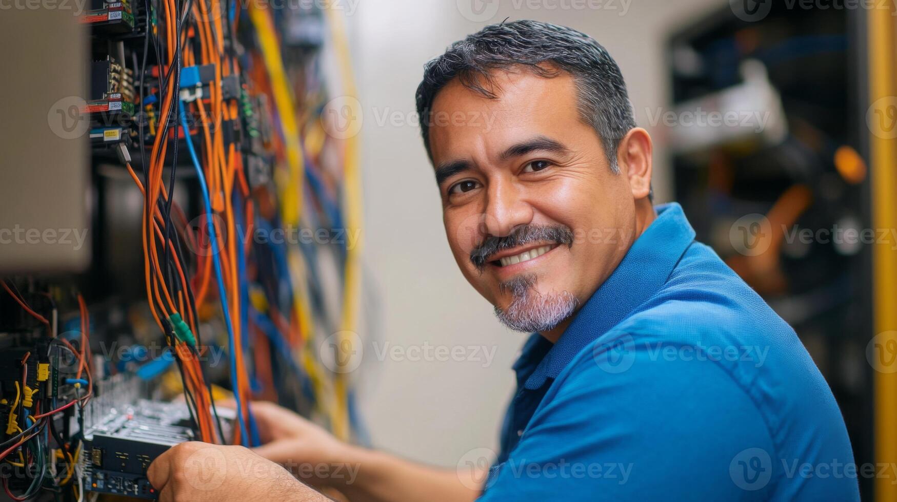 A smiling technician working on a server rack with wires photo