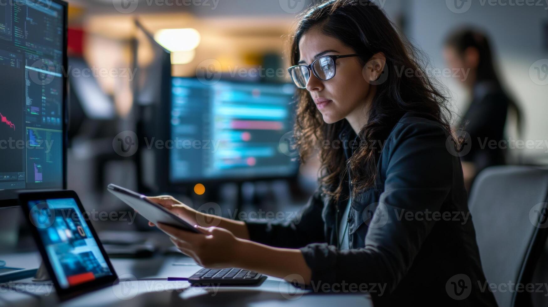 Woman Working on a Computer with a Tablet in Hand photo