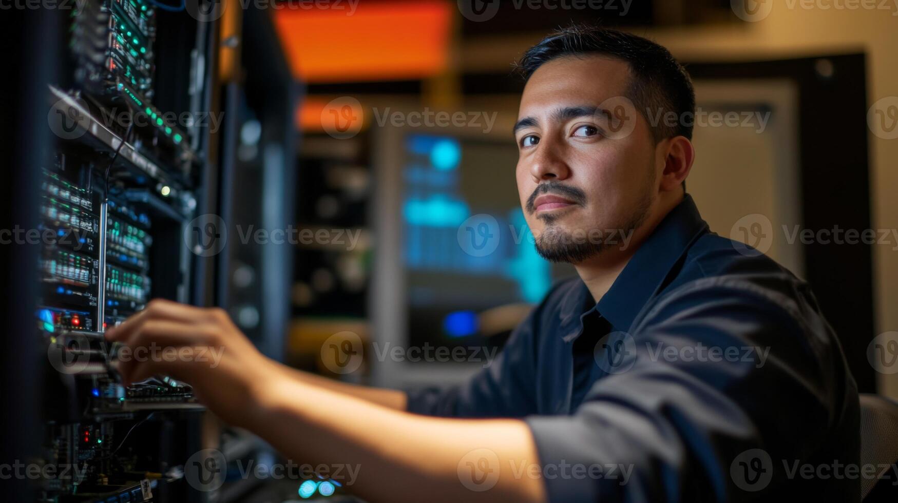 A Man Working on a Server Rack in a Data Center photo