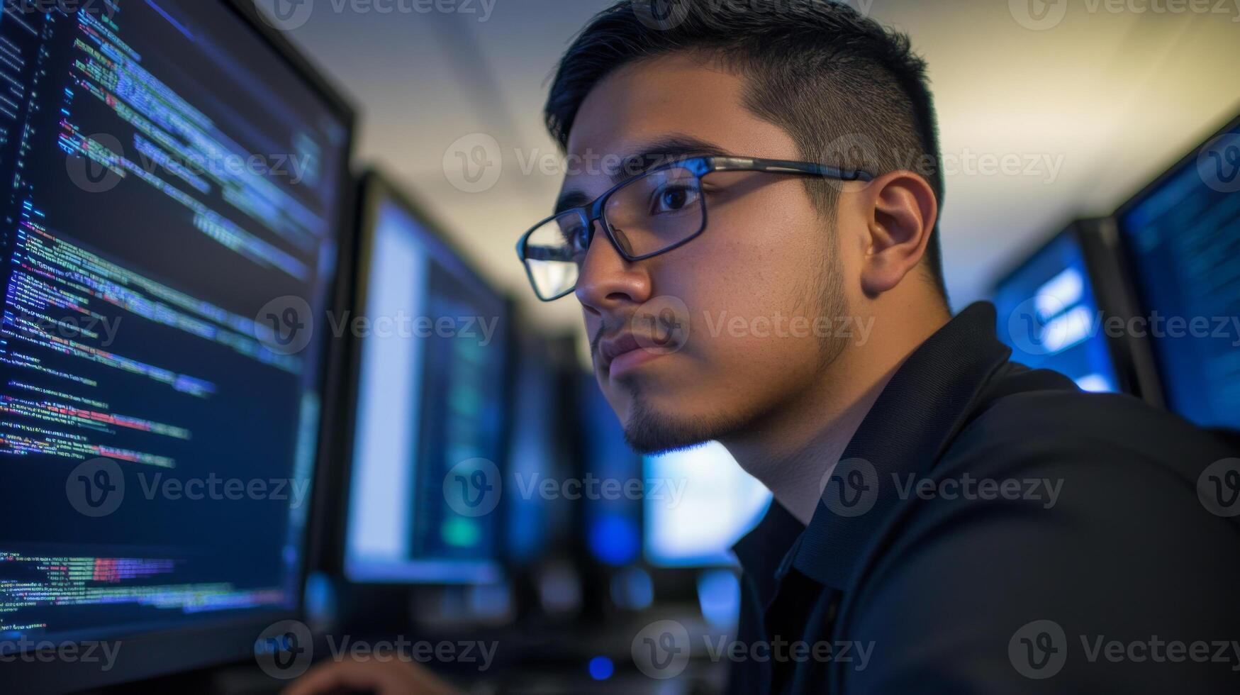 A young man in glasses stares intently at computer code displayed on a monitor. photo