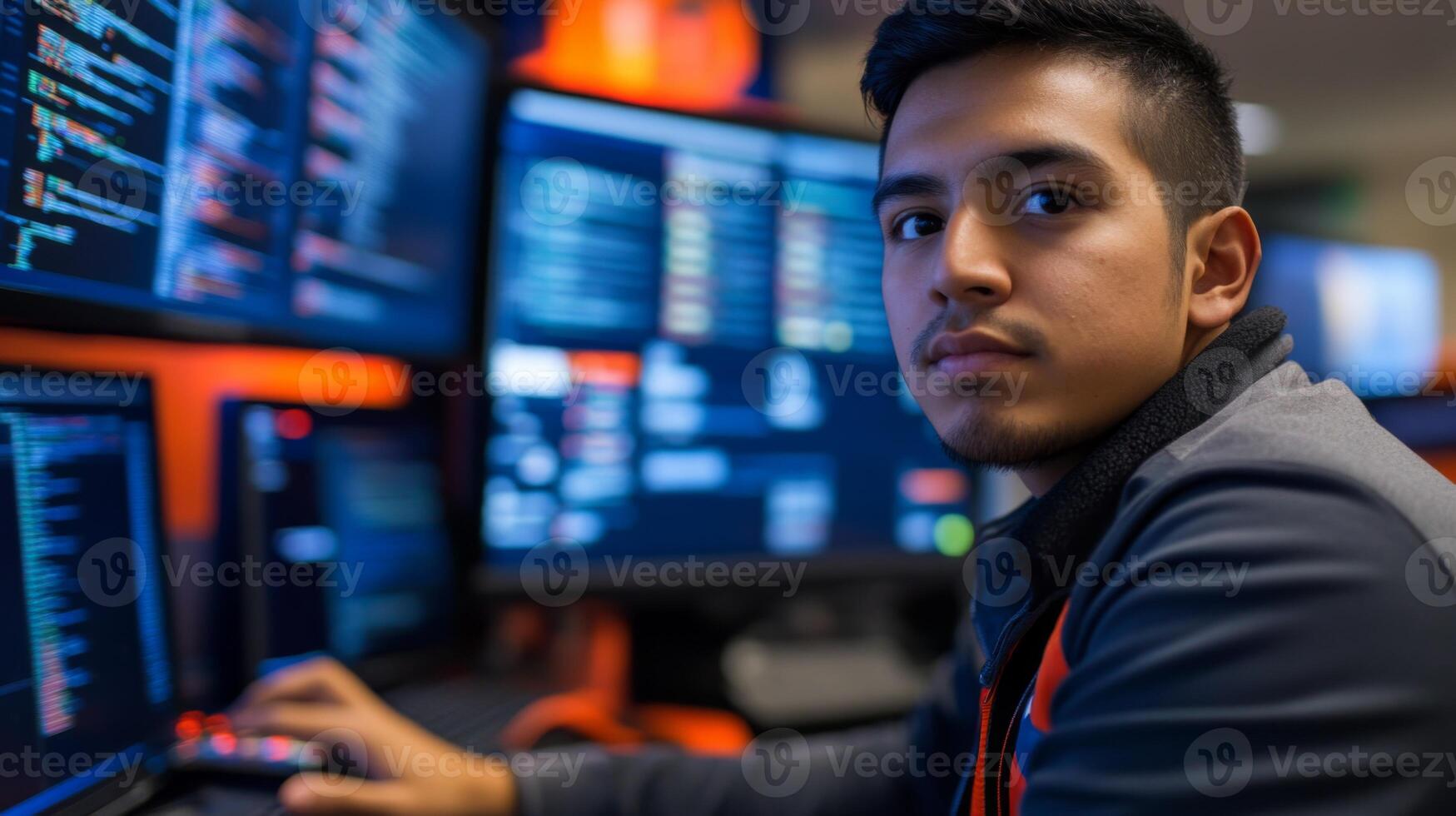 Young Man Looking Over Shoulder at Computer Monitors with Code photo