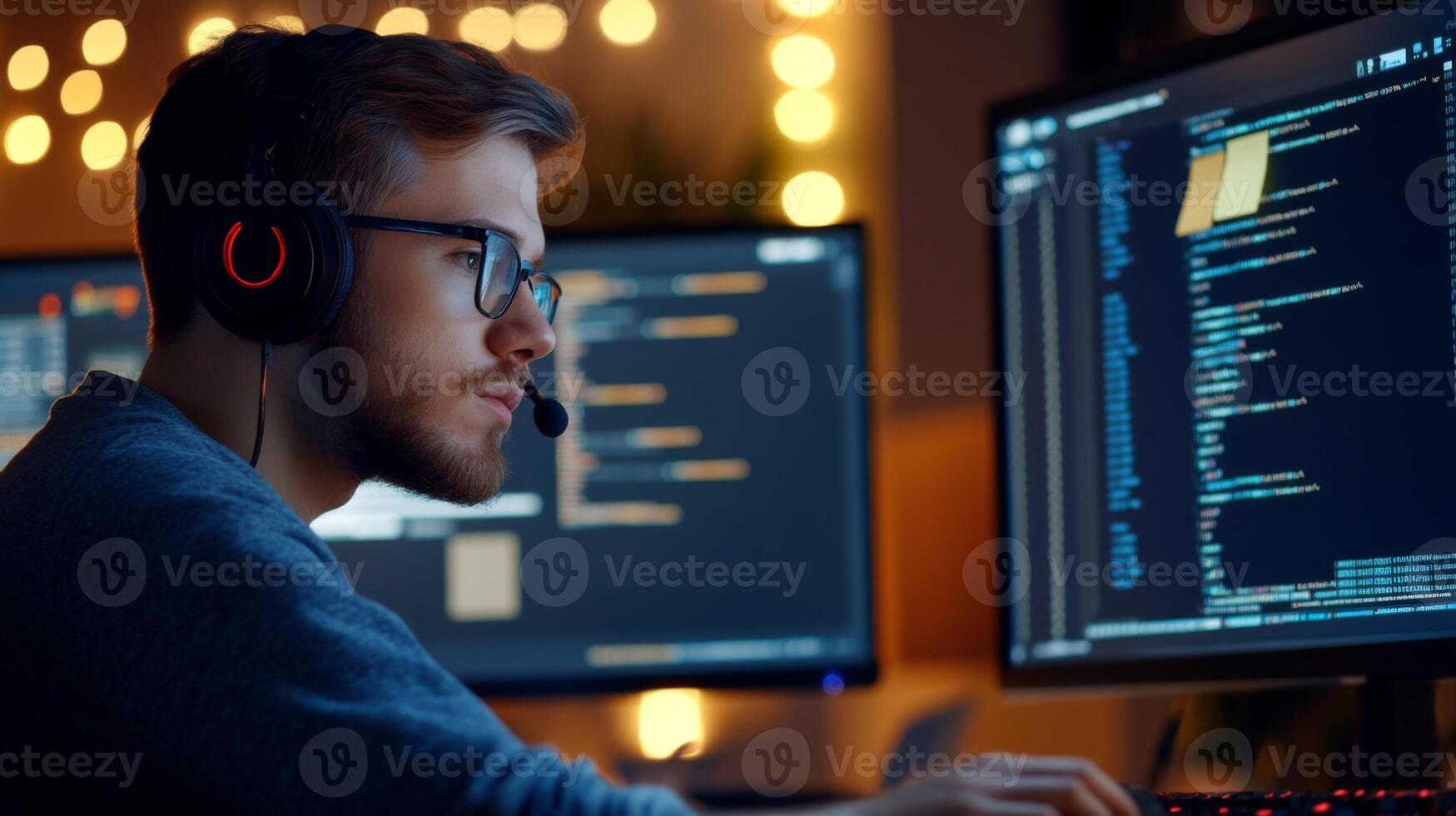 A Man Wearing Headphones Focuses on Code on His Computer Screen photo