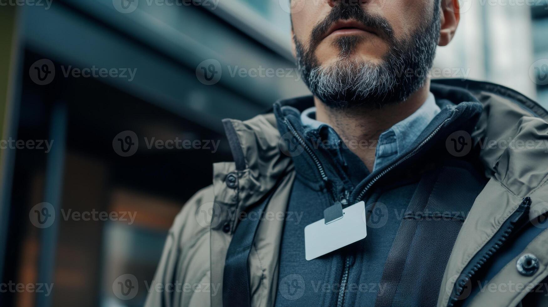 Close-up of a Man's Beard, Jacket, and Blank Name Tag photo