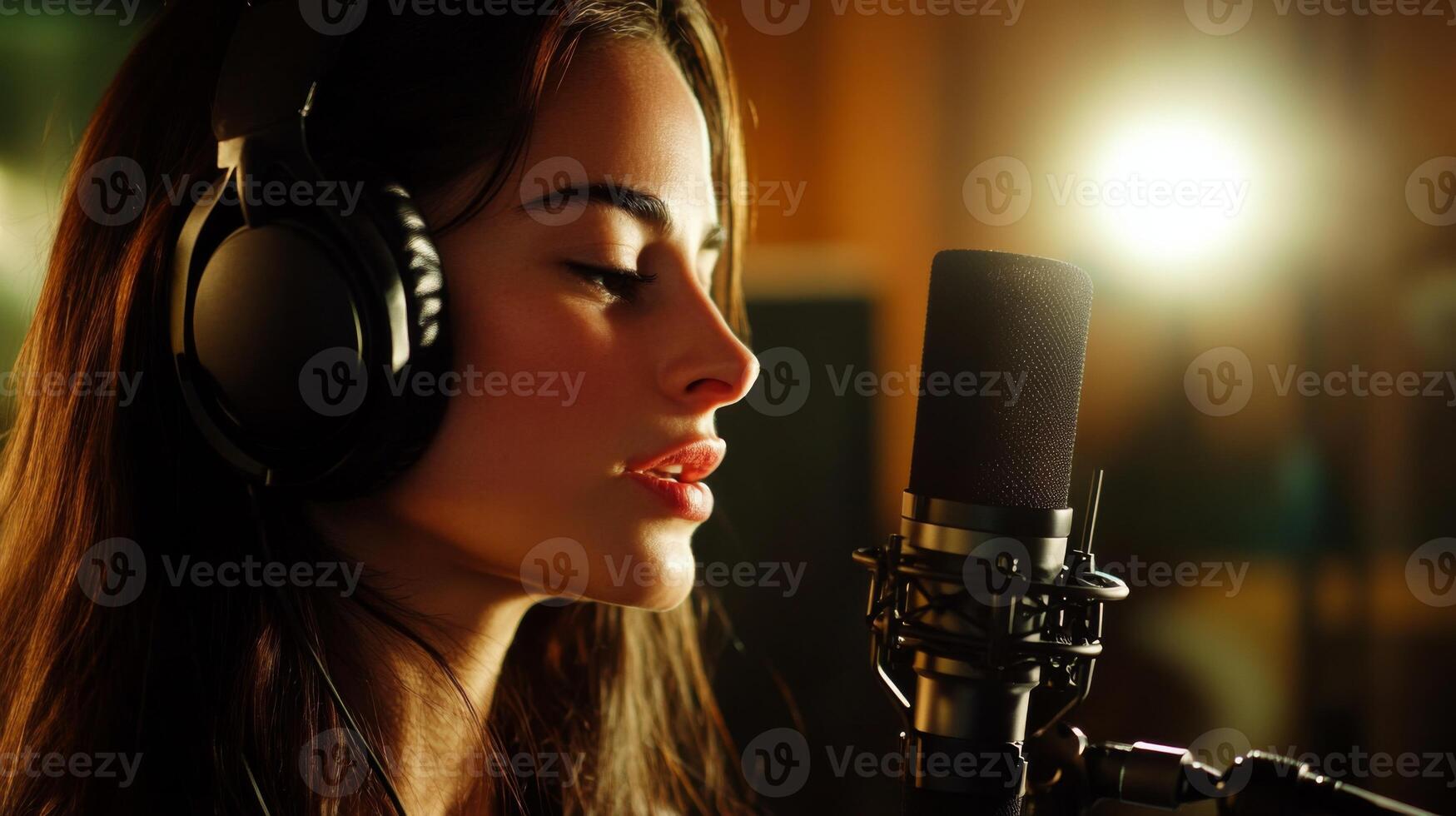 Close-up of a Woman Singing into a Microphone with Headphones On photo