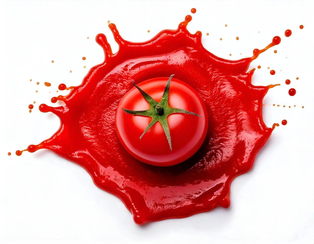 Tomato ketchup with fresh tomato on white background photo