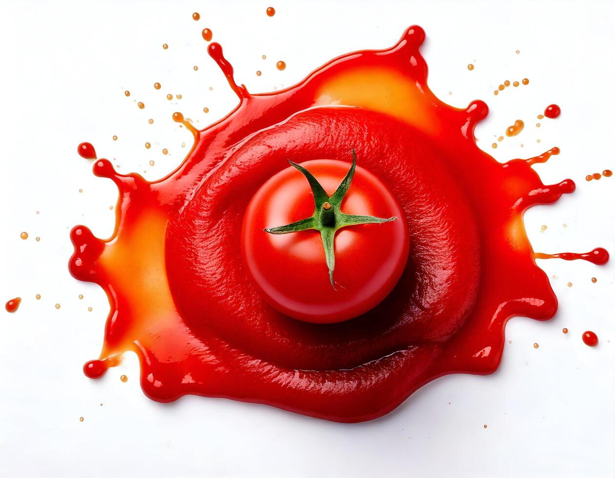 Tomato ketchup with ripe tomato on white background photo