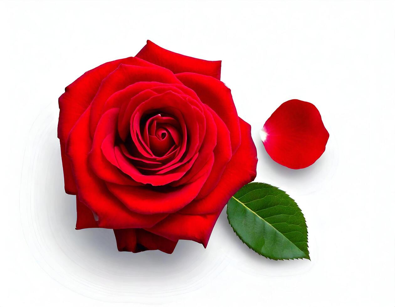 Beautiful red rose flower with green leaf on white background photo
